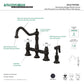 Kingston KS3277PXBS Restoration Bridge Kitchen Faucet with Brass Sprayer, Brushed Brass, featuring gooseneck design and cross handles.