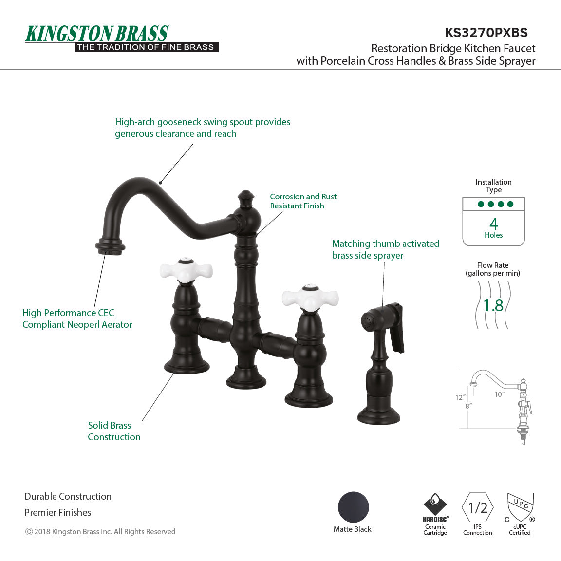 Kingston KS3277PXBS Restoration Bridge Kitchen Faucet with Brass Sprayer, Brushed Brass, featuring gooseneck design and cross handles.
