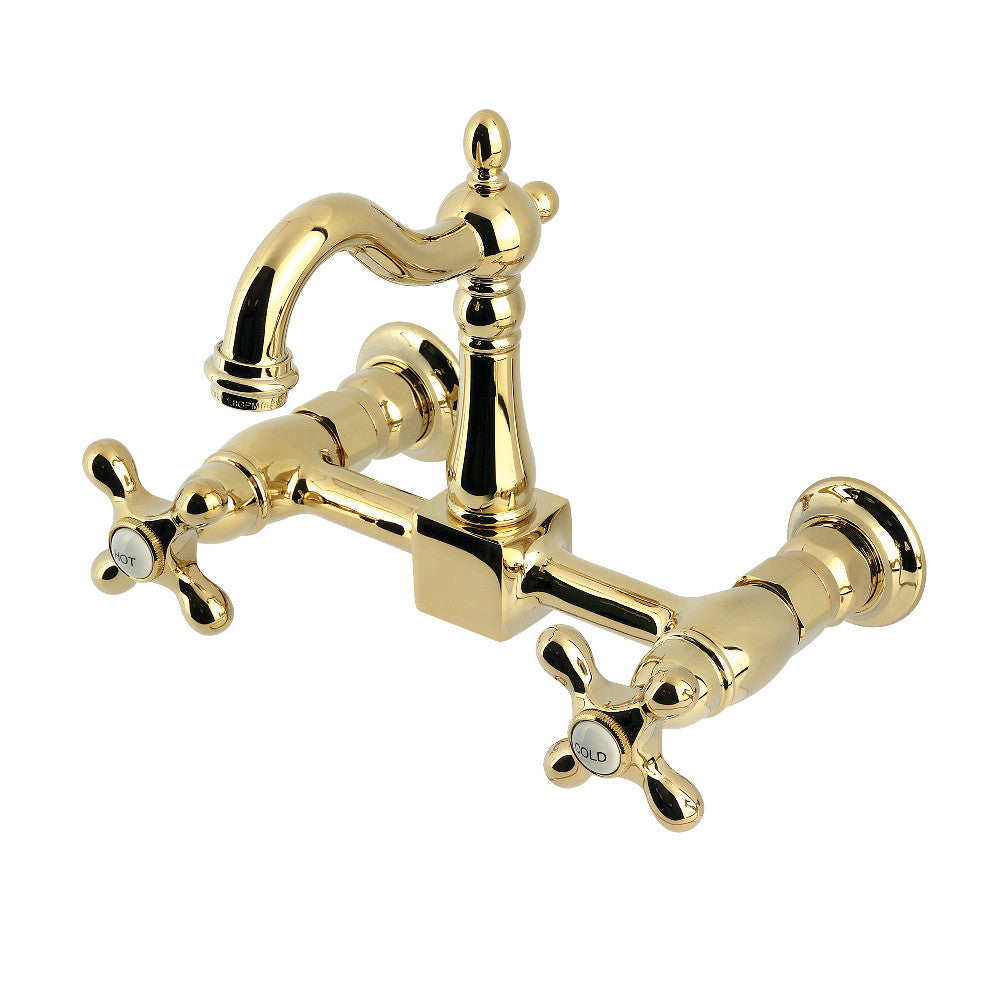 Kingston KS2443AX Heritage Two-Handle Wall Mount Bridge Kitchen Faucet, Antique Brass with classic cross handles