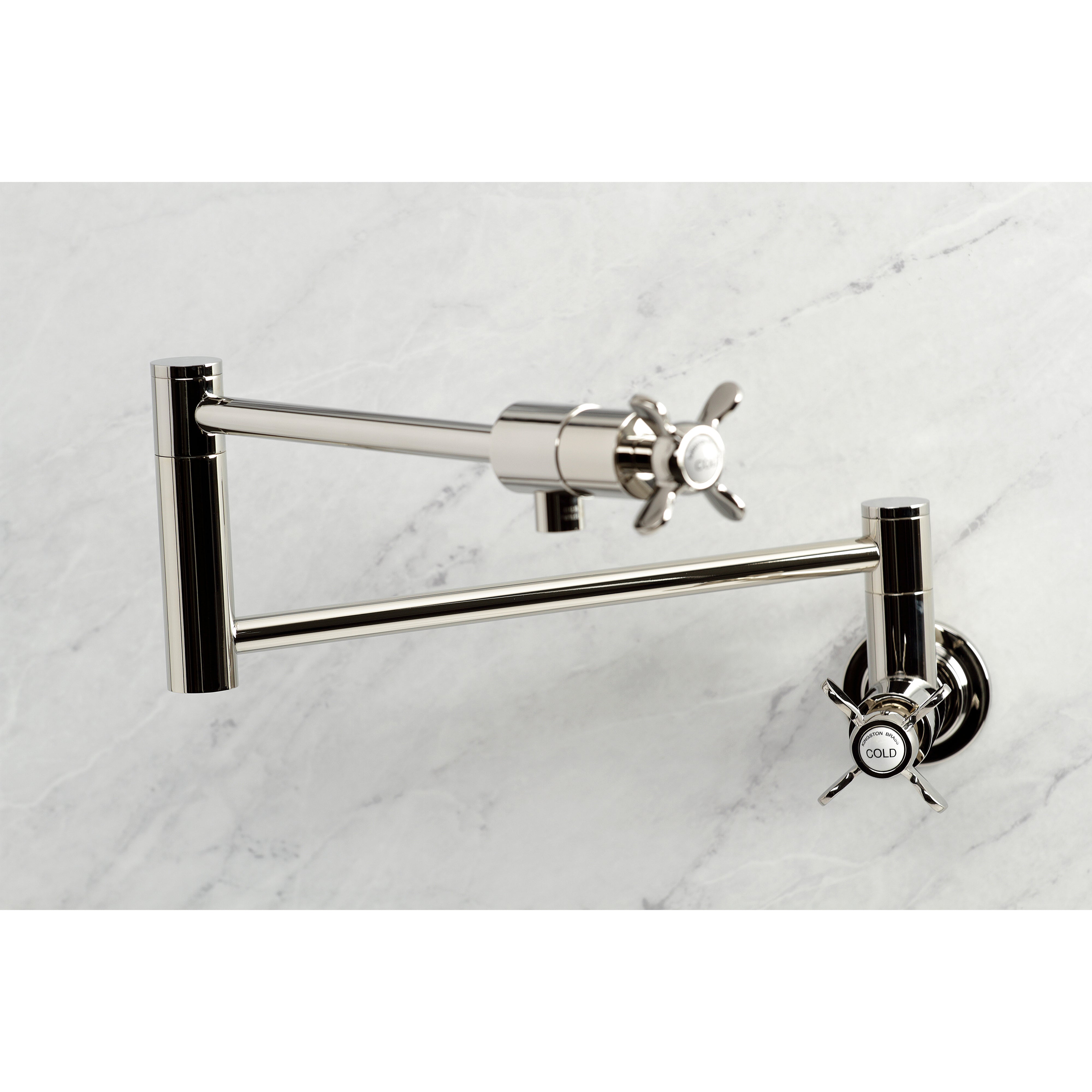 Kingston Brass KS4103BEX Essex Wall Mount Pot Filler Faucet, Antique Brass design with swing arms and faucet handles.