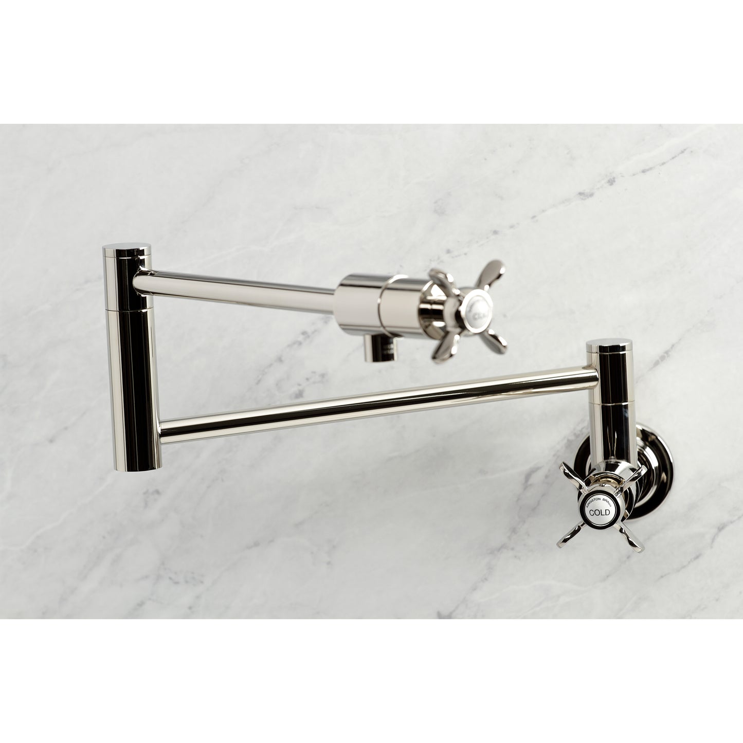 Kingston Brass KS4103BEX Essex Wall Mount Pot Filler Faucet, Antique Brass design with swing arms and faucet handles.