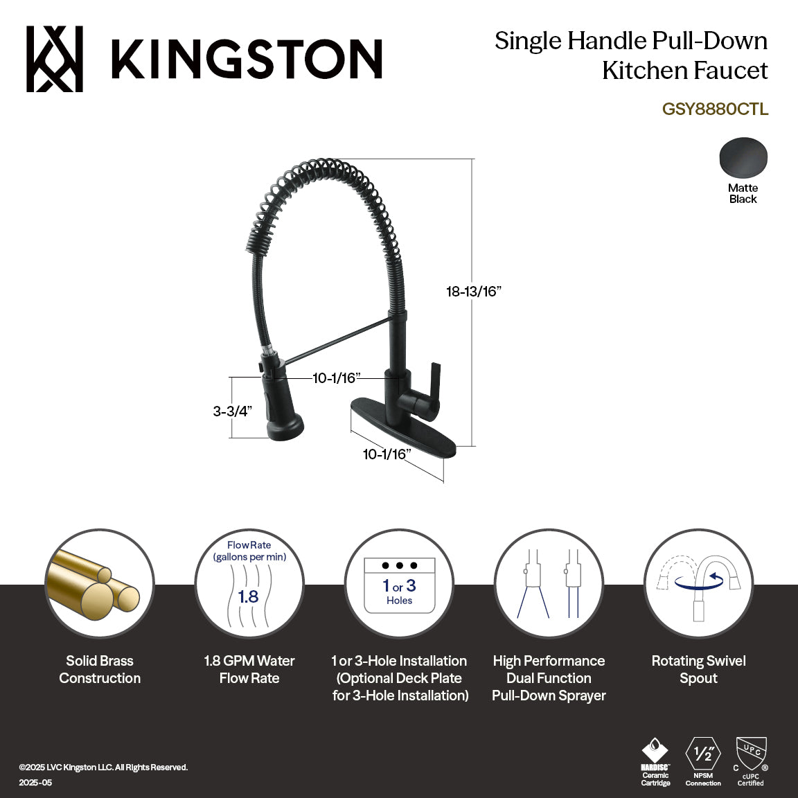 Gourmetier GSY8880CTL Continental Single-Handle Deck-Mount Pre-Rinse Kitchen Faucet, Matte Black with modern design features.