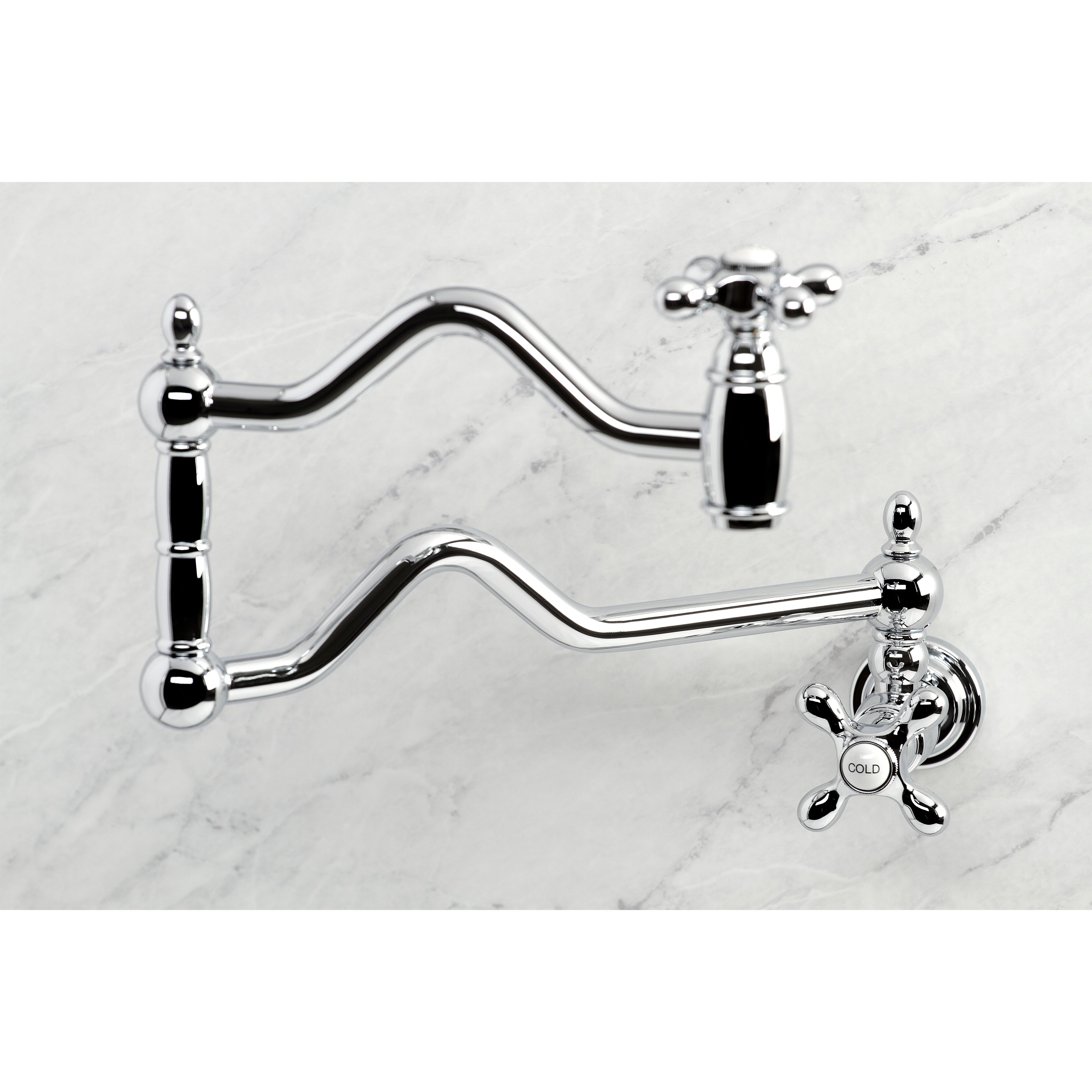Kingston Brass KS2107AX Heritage Wall Mount Pot Filler Faucet, Brushed Brass in a chrome finish showcasing its elegant design.