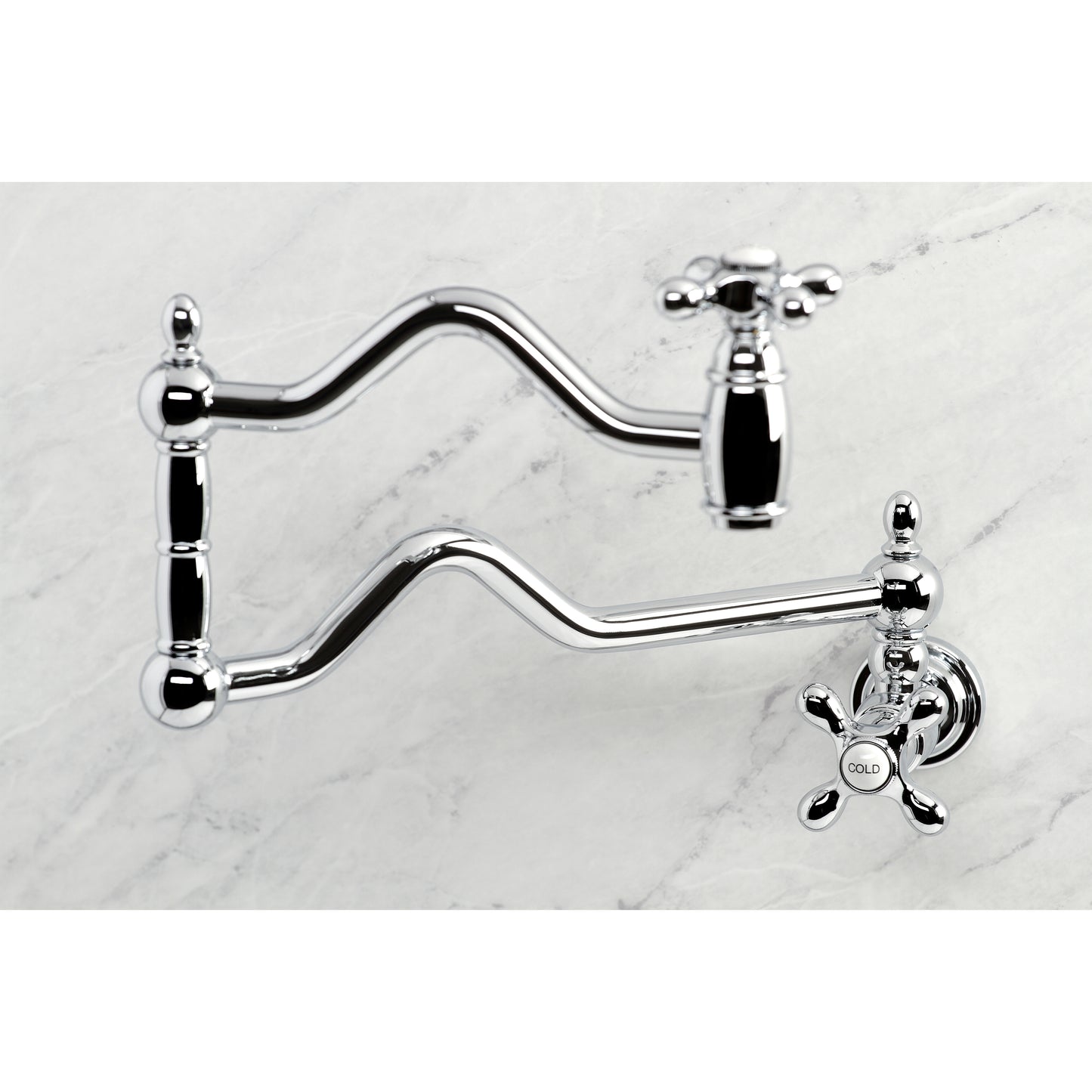 Kingston Brass KS2107AX Heritage Wall Mount Pot Filler Faucet, Brushed Brass in a chrome finish showcasing its elegant design.