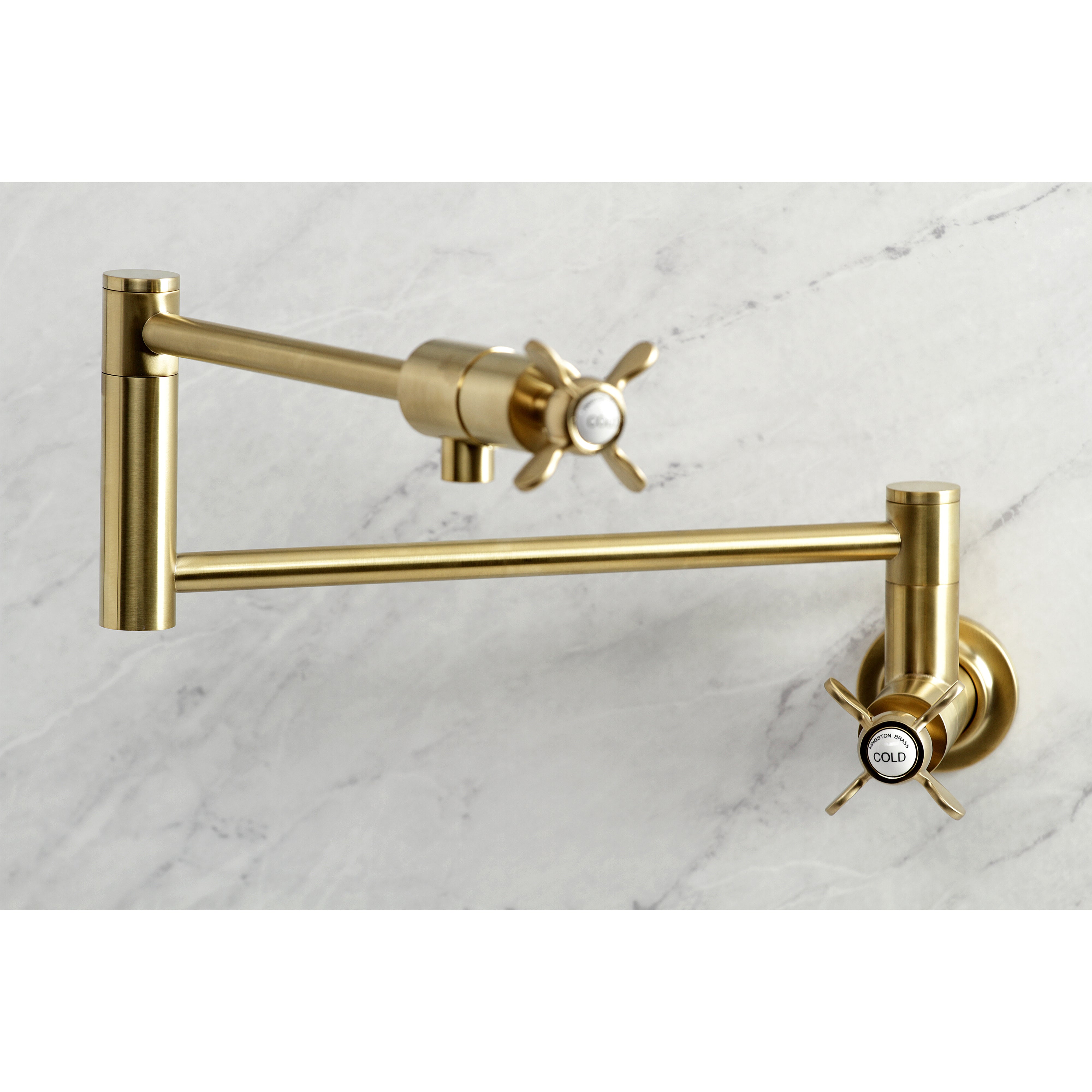 Kingston Brass KS4103BEX Essex Wall Mount Pot Filler Faucet, Antique Brass with foldable swing arms.