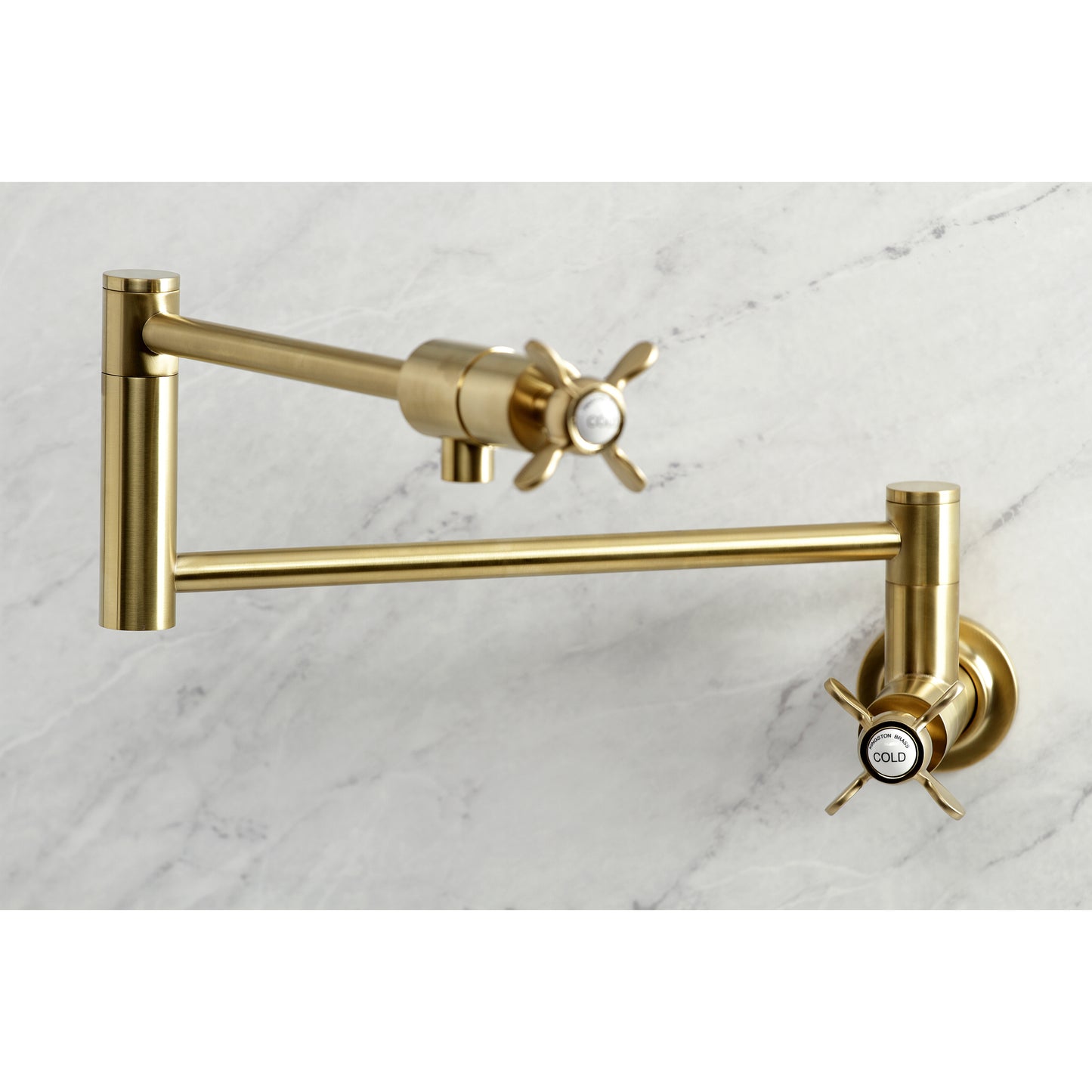 Kingston Brass KS4103BEX Essex Wall Mount Pot Filler Faucet, Antique Brass with foldable swing arms.