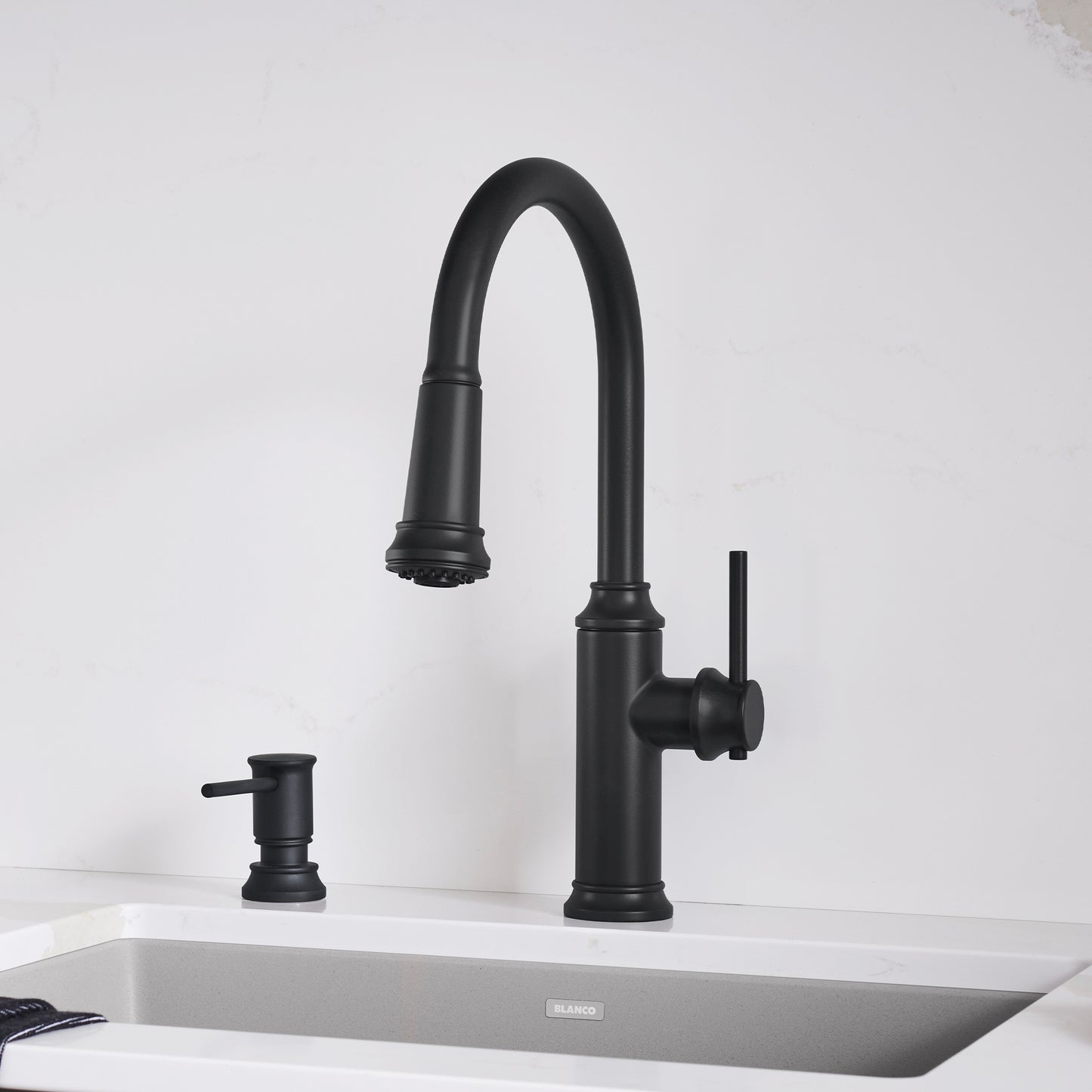 BLANCO Empressa High Arc Pull-Down Dual-Spray Kitchen Faucet in matte black finish with stylish elevated spout.