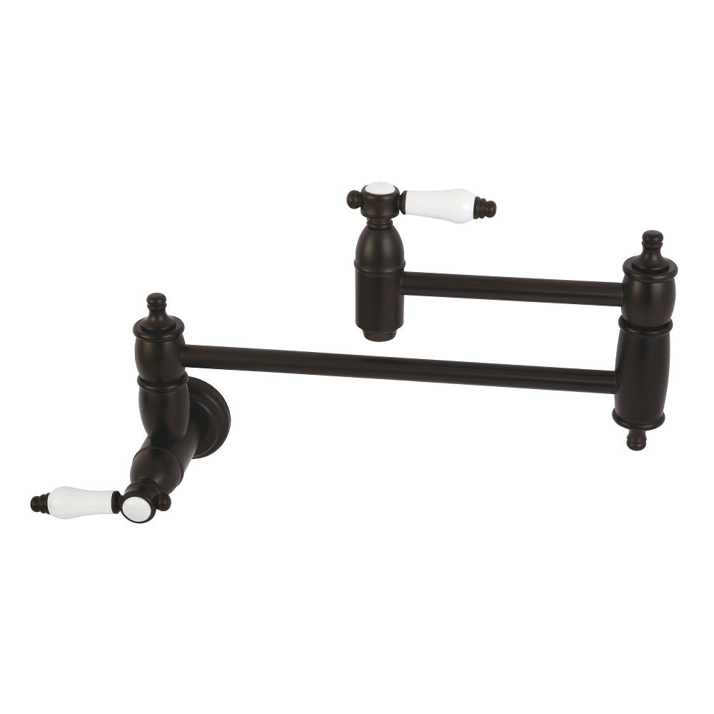 Kingston Brass KS3103BPL Bel-Air Wall Mount Pot Filler Faucet, Antique Brass with white porcelain levers and foldable swing arms.