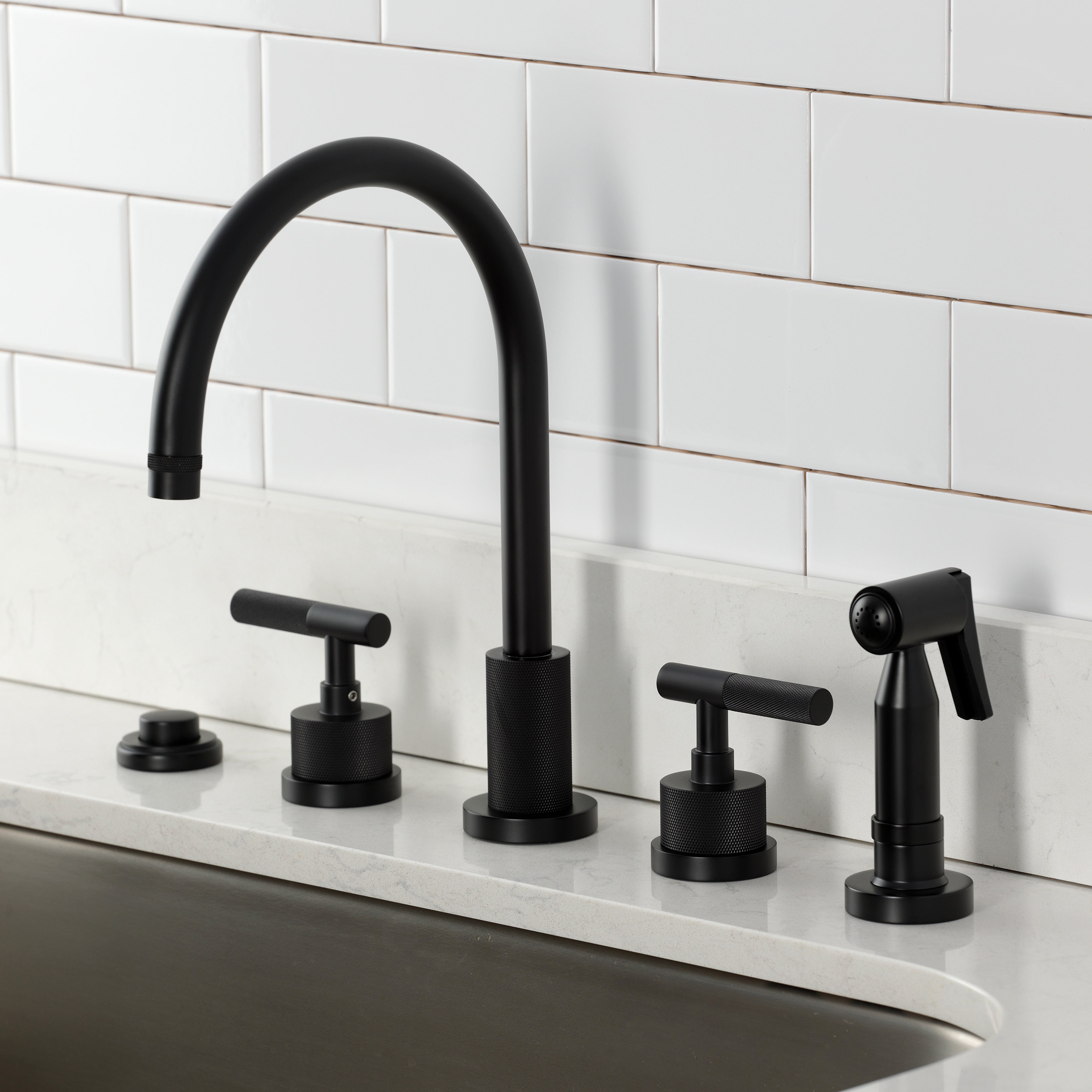 Kingston Brass KS8723KNLBS Convergent Double-Handle Widespread Kitchen Faucet with Knurled Handle and Brass Sprayer, Antique Brass