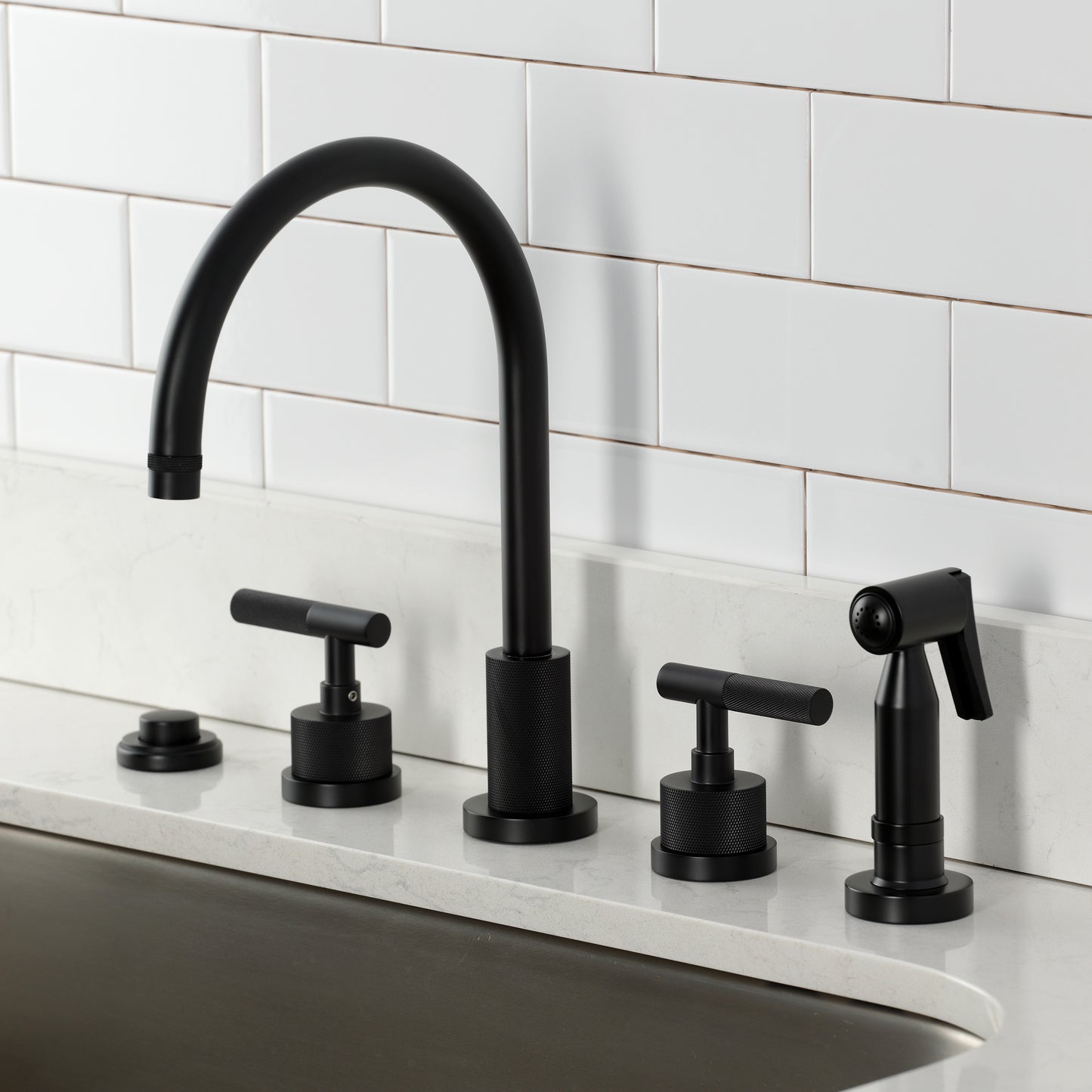 Kingston Brass KS8723KNLBS Convergent Double-Handle Widespread Kitchen Faucet with Knurled Handle and Brass Sprayer, Antique Brass