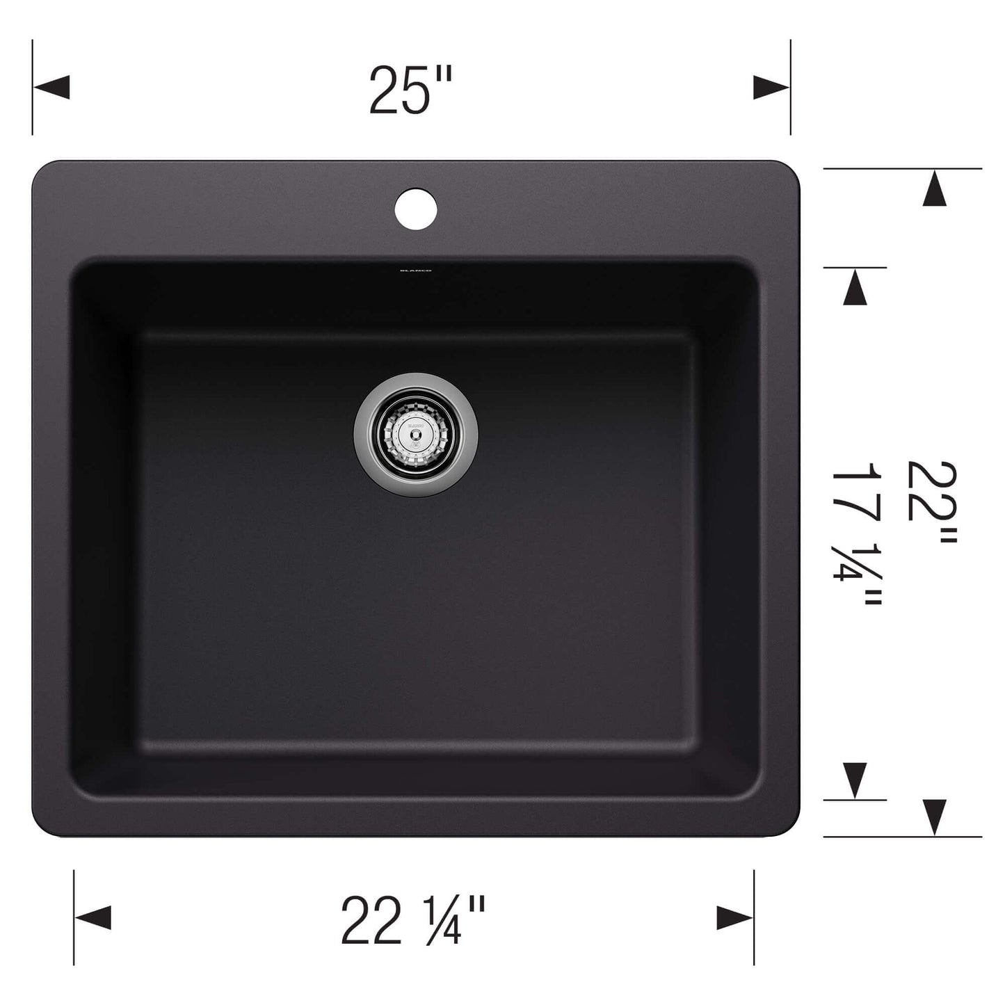 BLANCO Liven SILGRANIT 25" Single Bowl Dual Mount Kitchen Sink top view with dimensions shown.