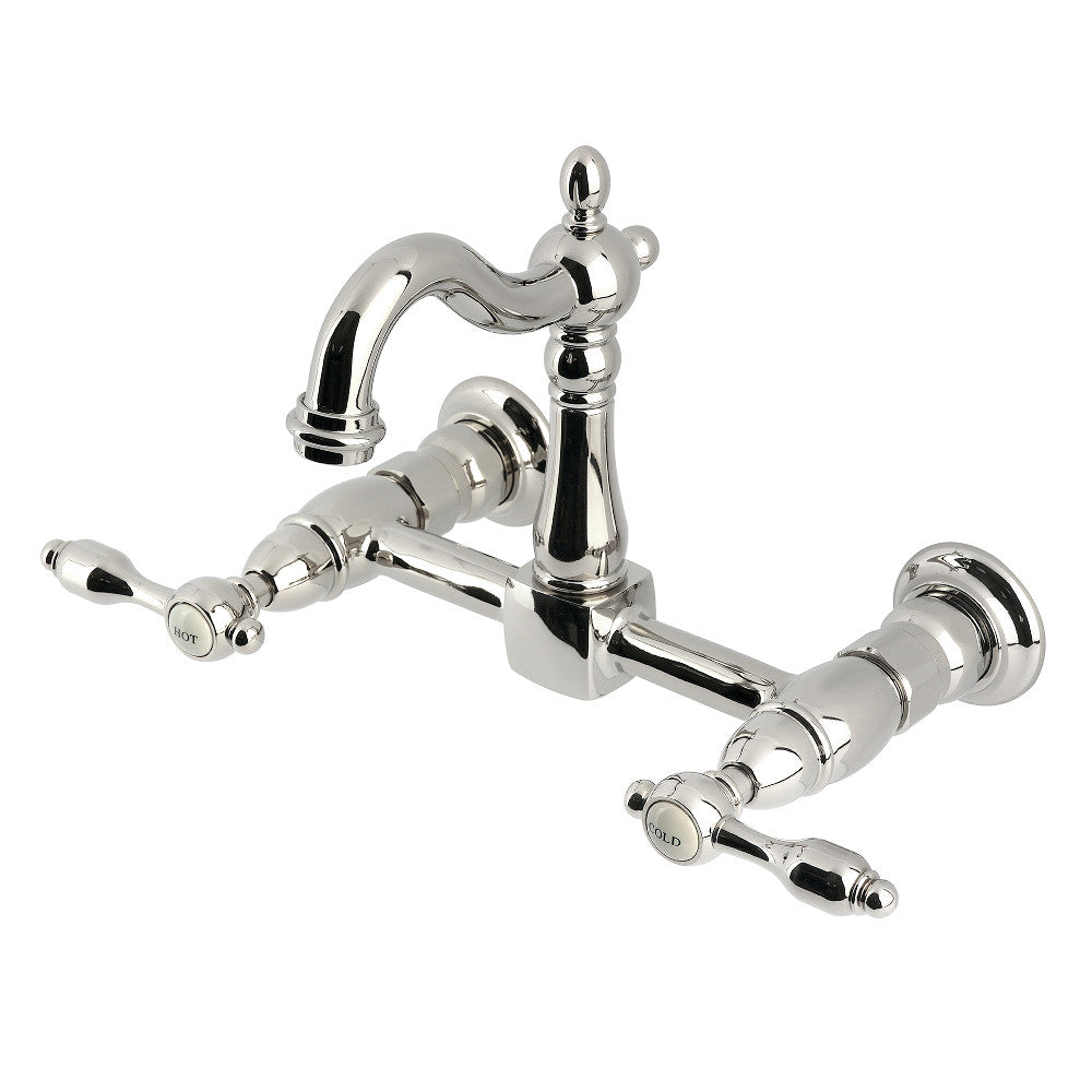 Kingston KS2443TAL Tudor Two-Handle Wall Mount Bridge Kitchen Faucet, Antique Brass in polished nickel finish.