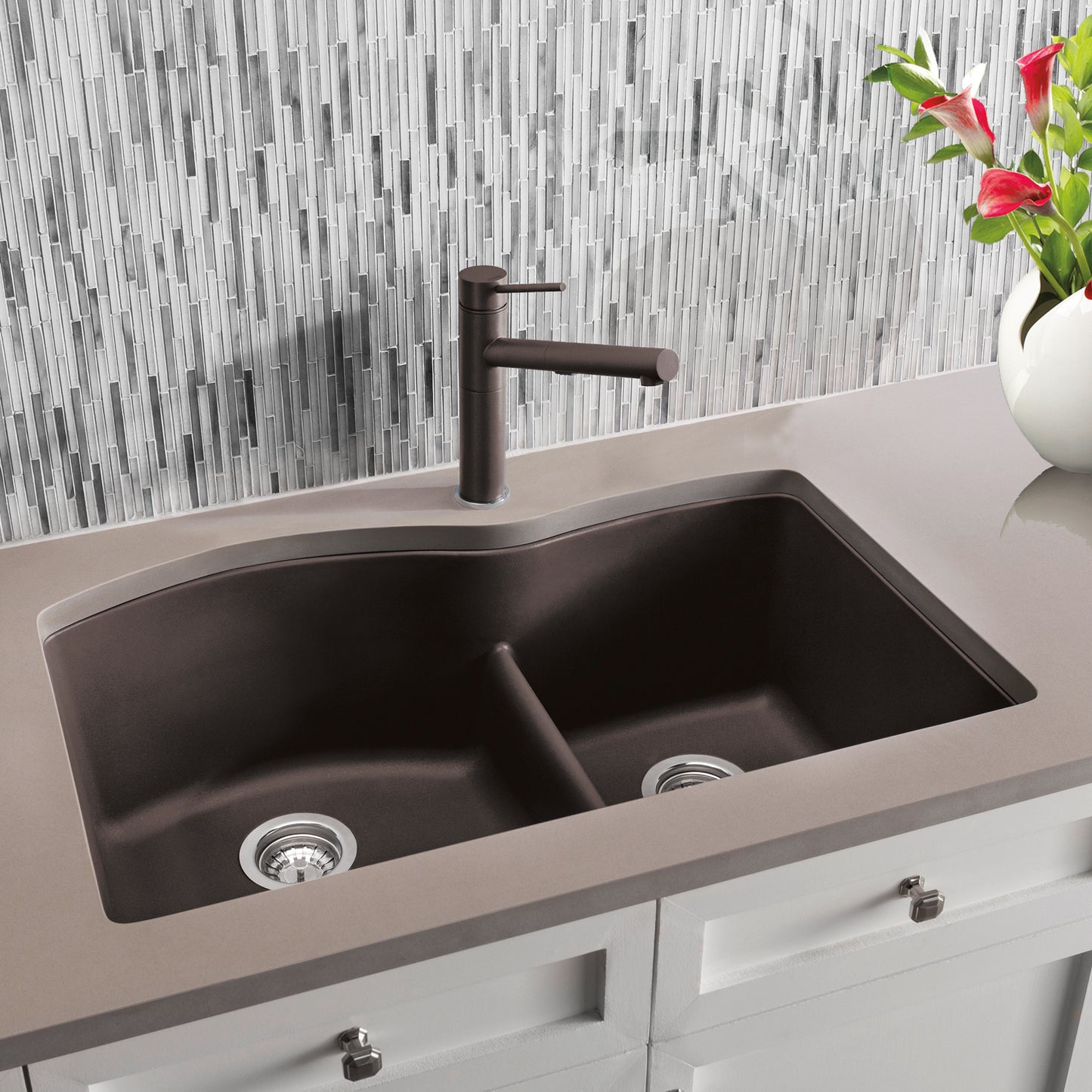 BLANCO Diamond SILGRANIT 32" 60/40 Double Bowl Undermount Kitchen Sink with Low Divide on modern countertop.