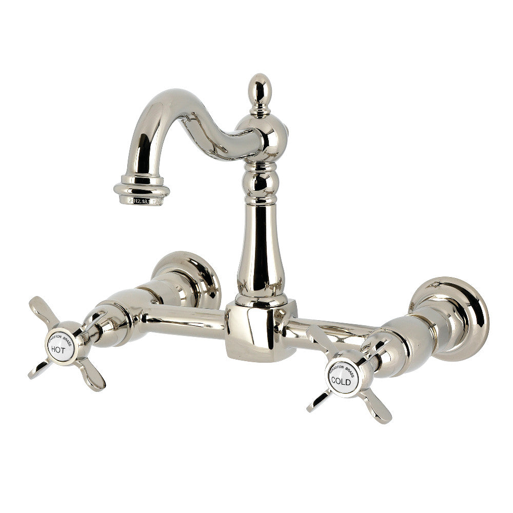 Kingston KS1263BEX Essex Two-Handle Wall Mount Bridge Kitchen Faucet, Antique Brass in polished nickel finish
