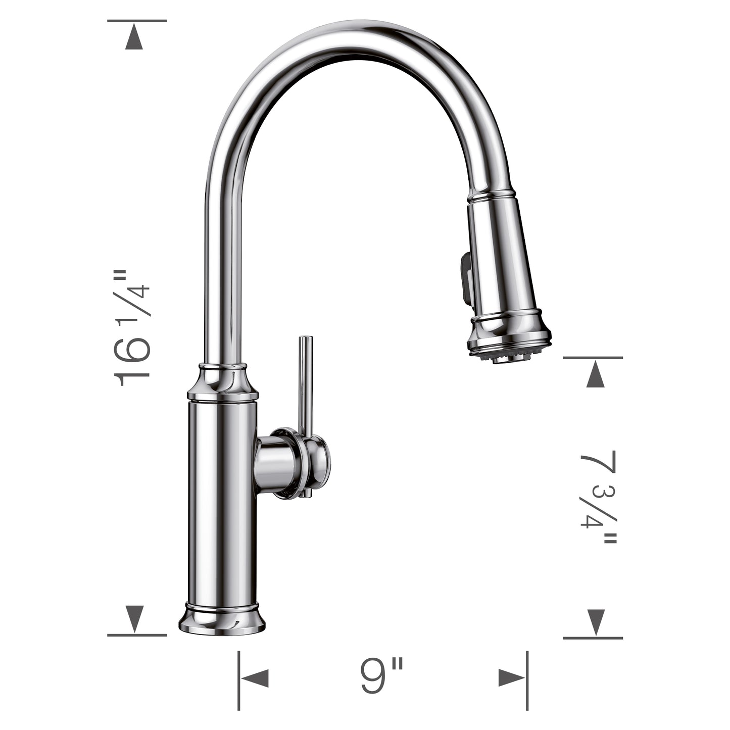 BLANCO Empressa High Arc Pull-Down Dual-Spray Kitchen Faucet dimensions diagram with height and reach details.