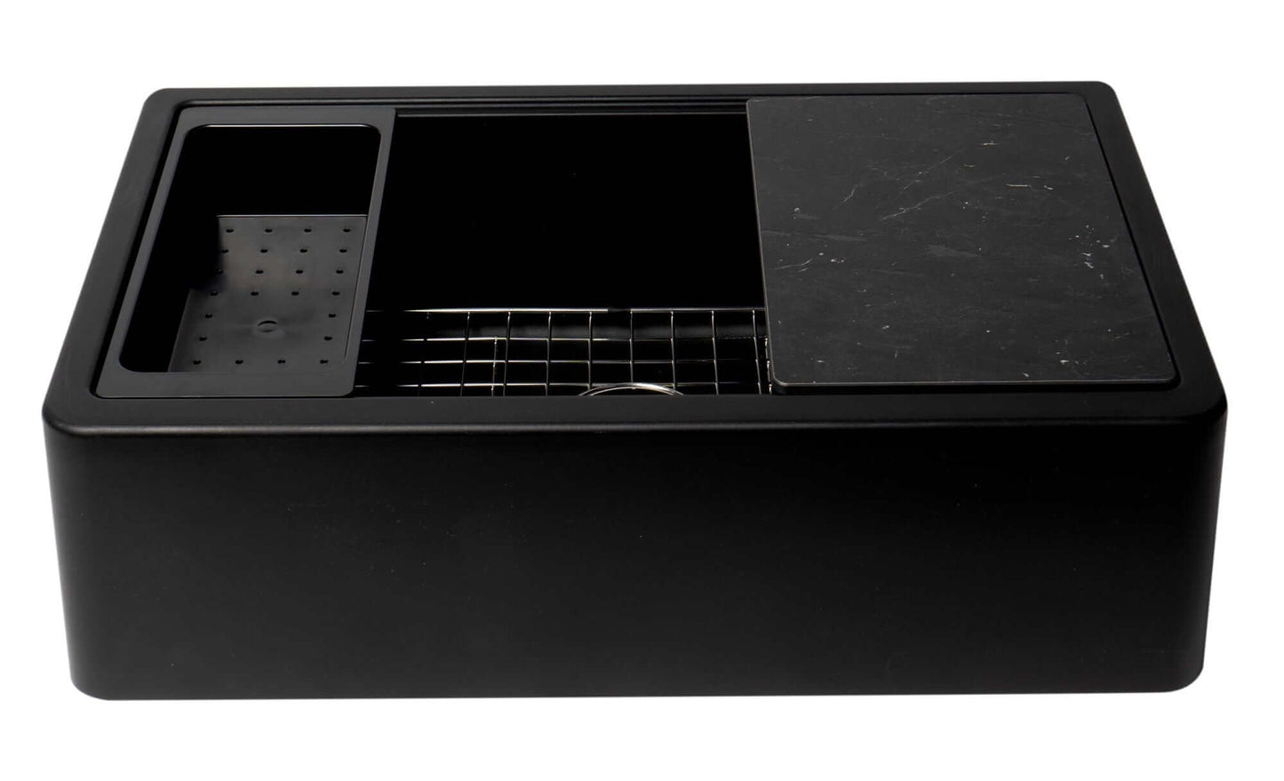 ALFI 33" Granite Single Bowl Farm Sink with Accessories AB33FARM-BLA in matte black with workstation features.