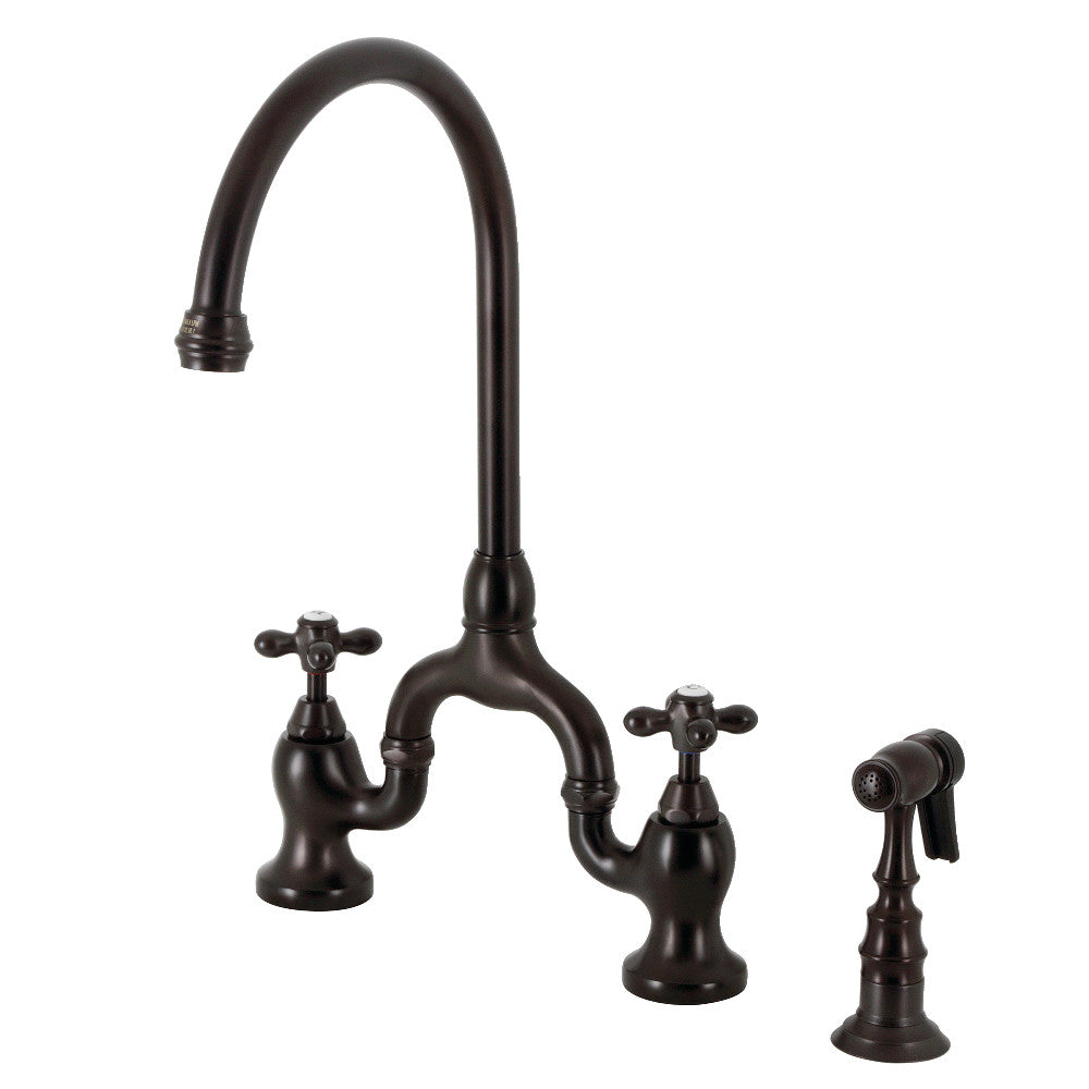 Kingston KS7793AXBS English Country Bridge Kitchen Faucet with Brass Sprayer, Antique Brass in oil rubbed bronze finish