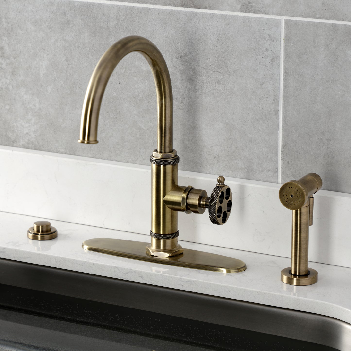 Kingston Brass KS2433RKX Webb Single-Handle Kitchen Faucet with Knurled Handle and Brass Side Sprayer, Antique Brass