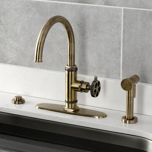 Kingston Brass KS2433RKX Webb Single-Handle Kitchen Faucet with Knurled Handle and Brass Side Sprayer, Antique Brass