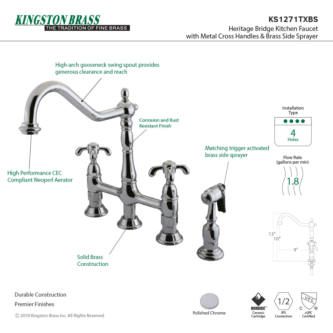 Kingston KS1277TXBS French Country Bridge Kitchen Faucet with Brass Sprayer, Brushed Brass.