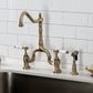Kingston KS7753BPLBS Bel-Air Bridge Kitchen Faucet with Brass Sprayer, Antique Brass installed in kitchen.