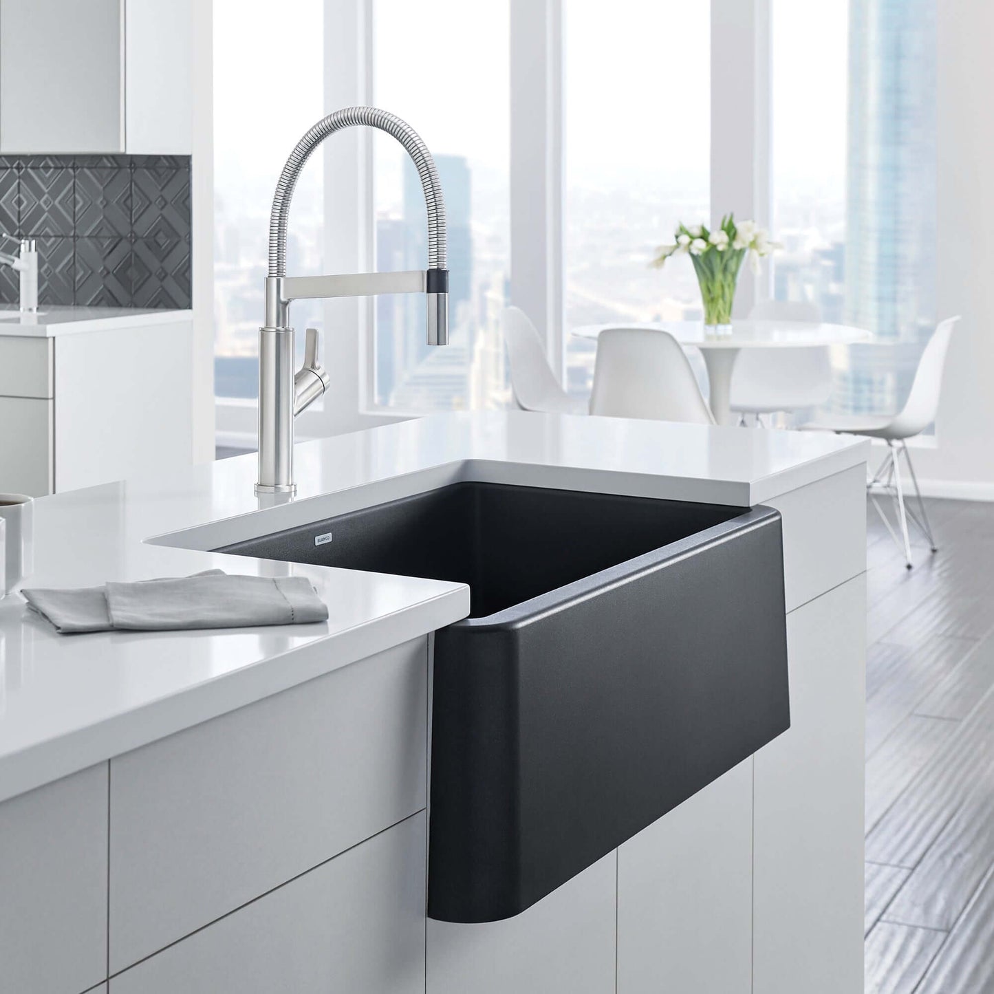 BLANCO Ikon SILGRANIT 33" Single Bowl Apron-Front Farmhouse Sink in modern kitchen setting