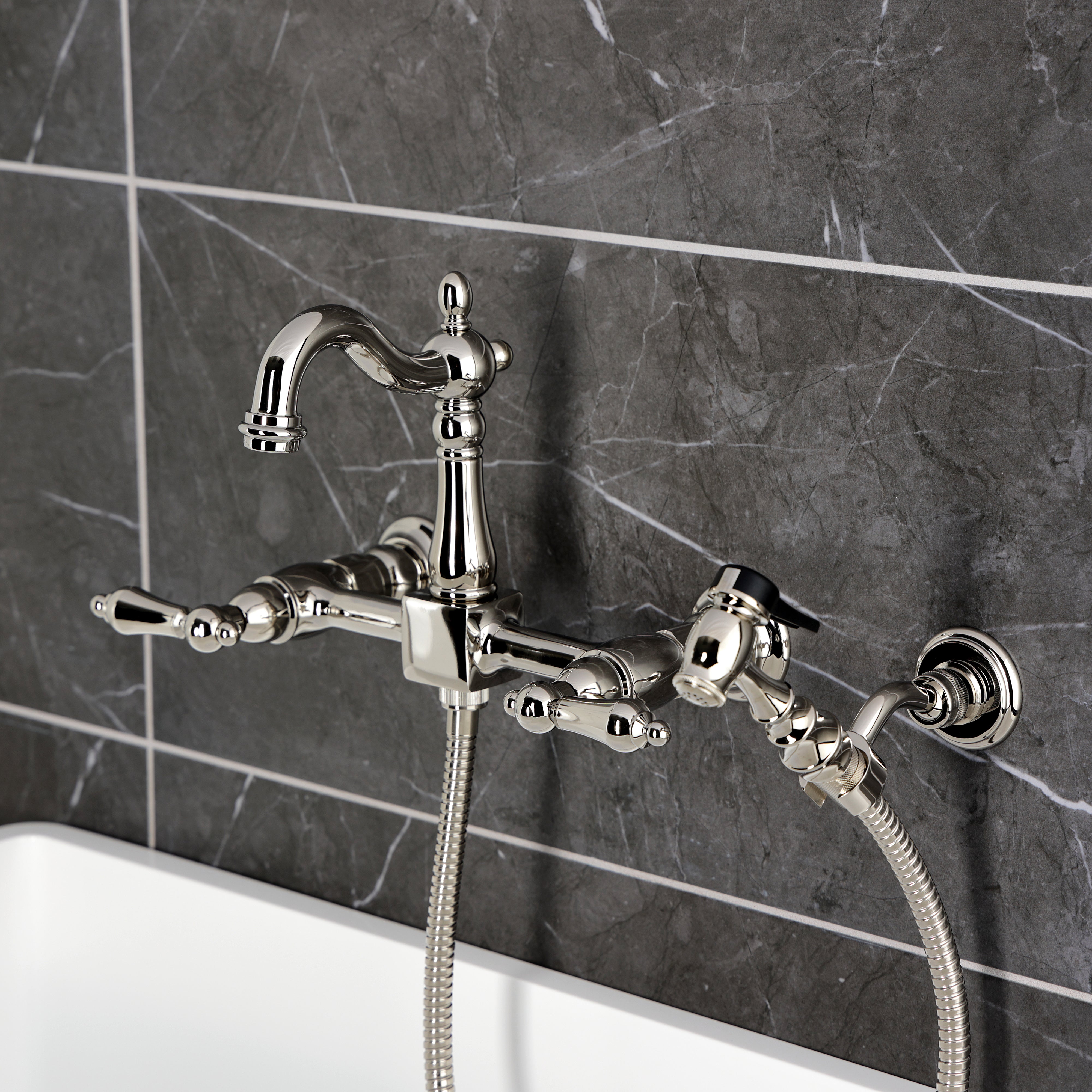Kingston KS2443ALBS Heritage Two-Handle Wall Mount Bridge Kitchen Faucet with Brass Sprayer, Antique Brass
