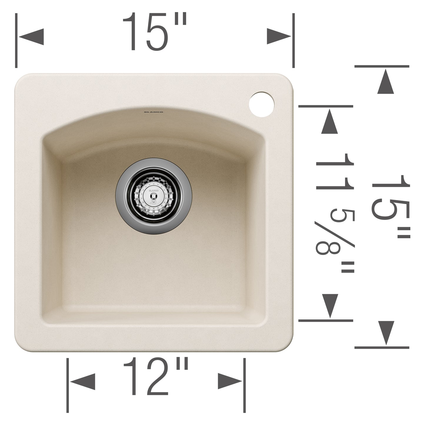 BLANCO Diamond SILGRANIT 15" Dual Mount Bar Sink showing its 15" x 12" dimensions and design details.