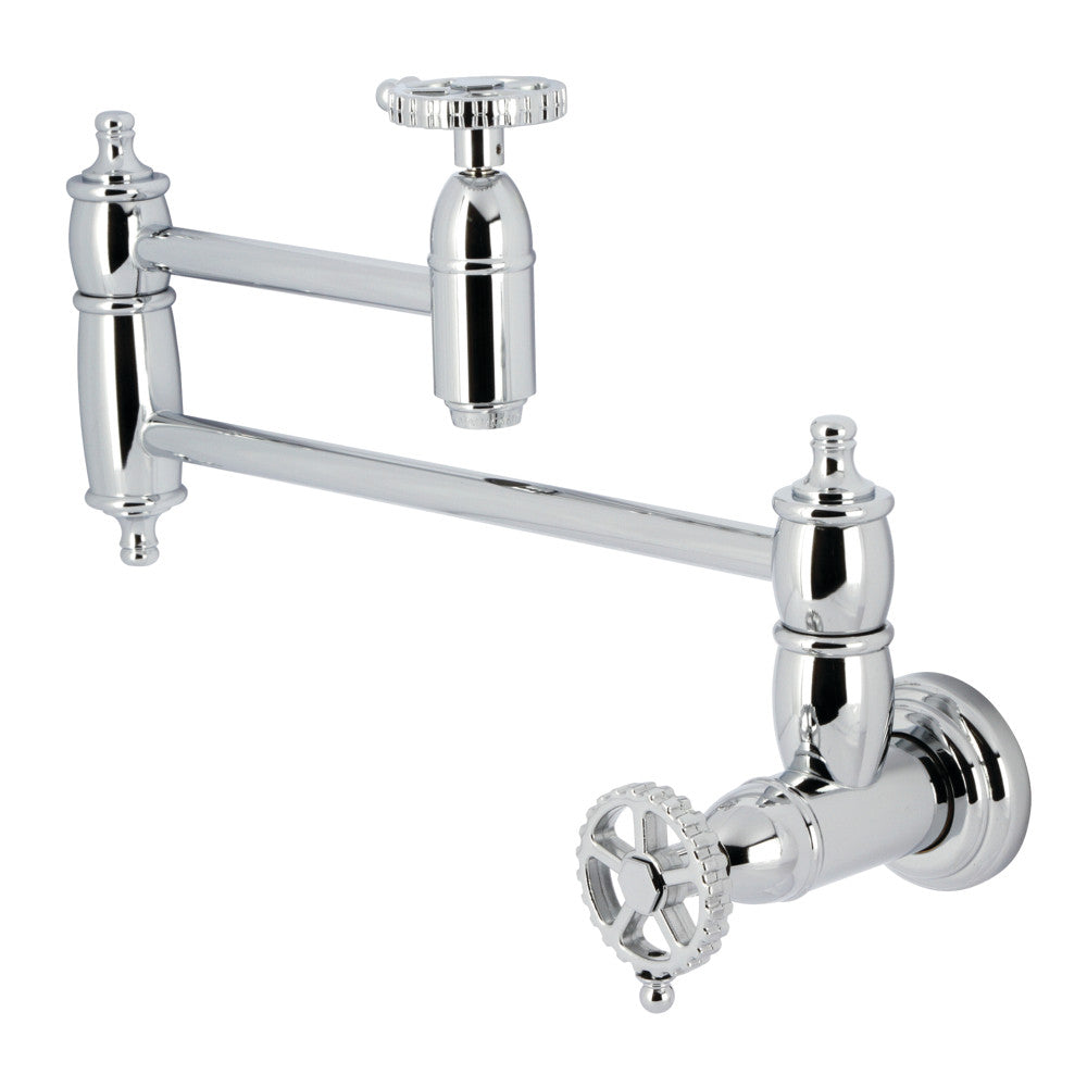 Kingston Brass KS3103CG Fuller Wall Mount Pot Filler Faucet, Antique Brass in polished chrome finish.