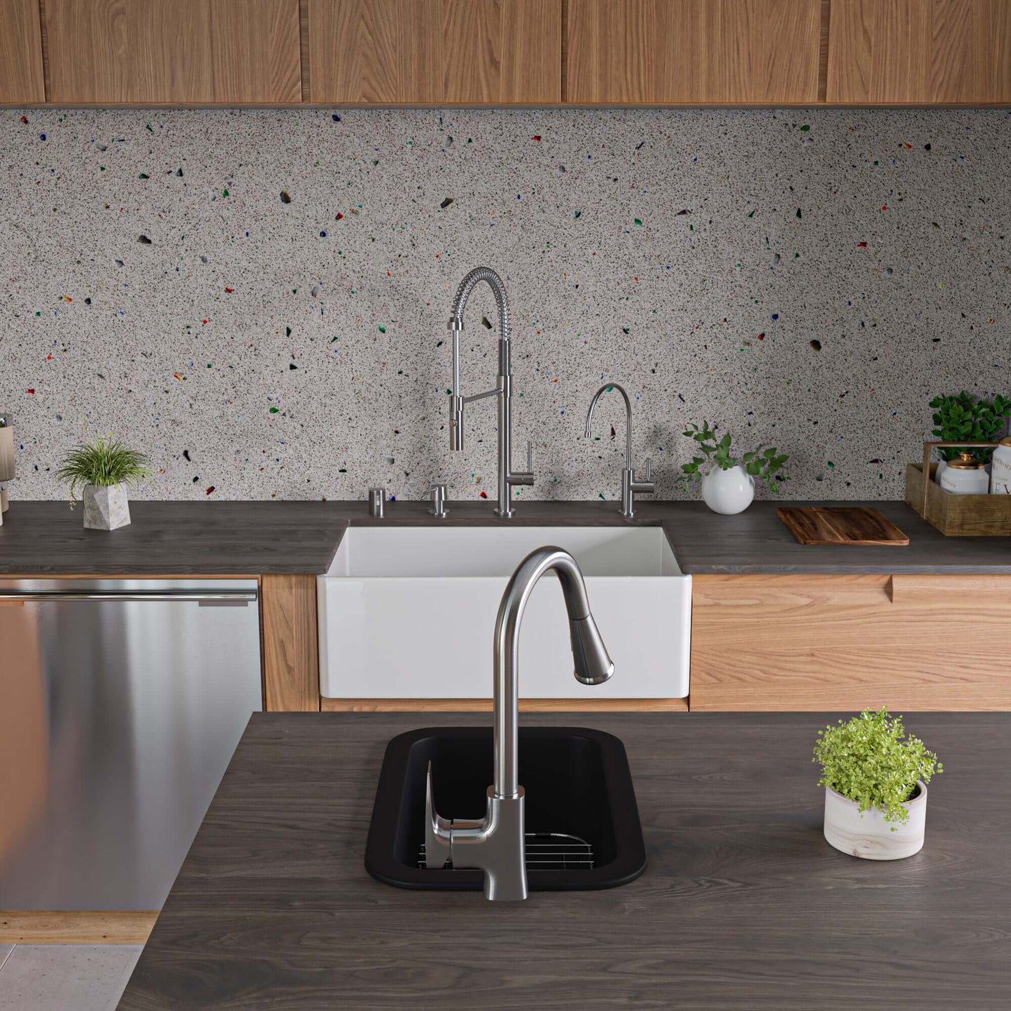 Alfi 13" x 19" Dual Mount Fireclay Prep Sink - ABF1319UD in modern kitchen with stylish countertops and faucets.