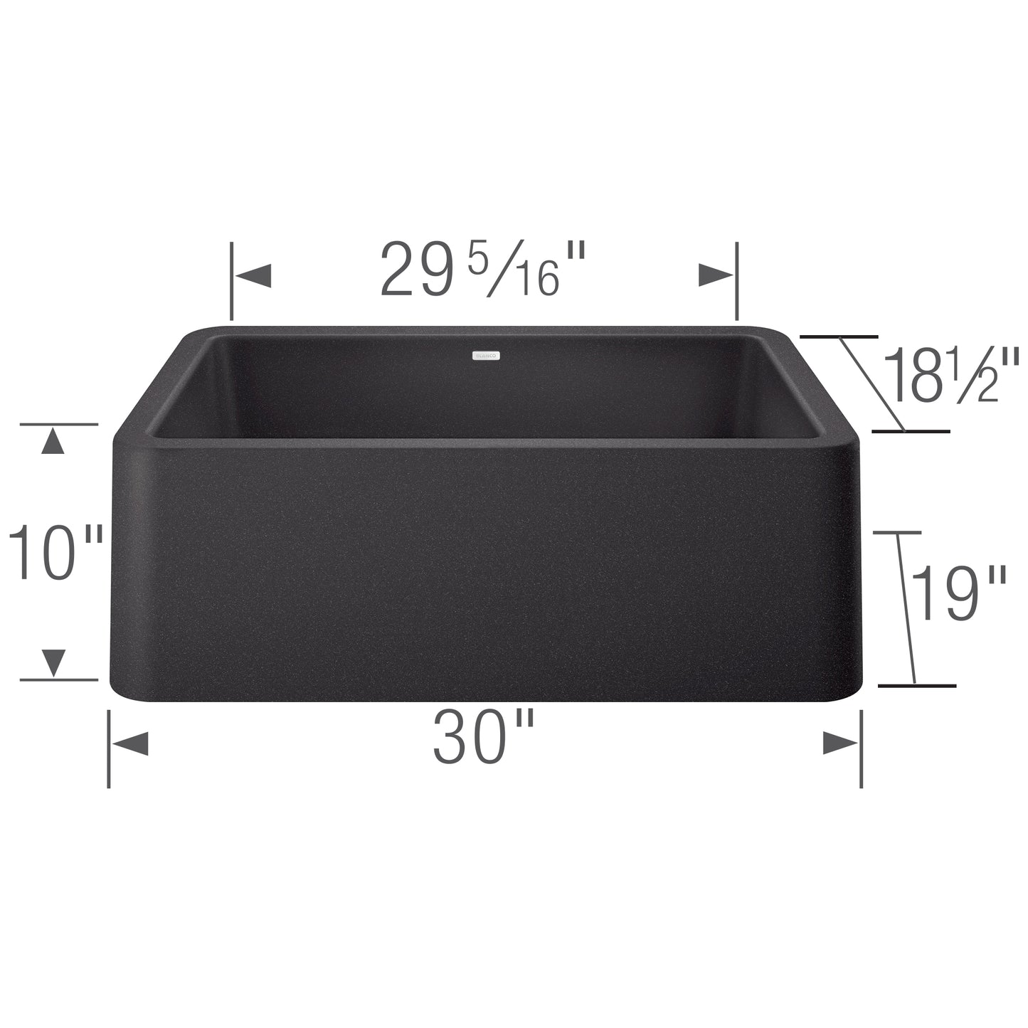BLANCO Ikon SILGRANIT 30" Single Bowl Apron-Front Farmhouse Sink dimensions showing 30" width and 19" depth.