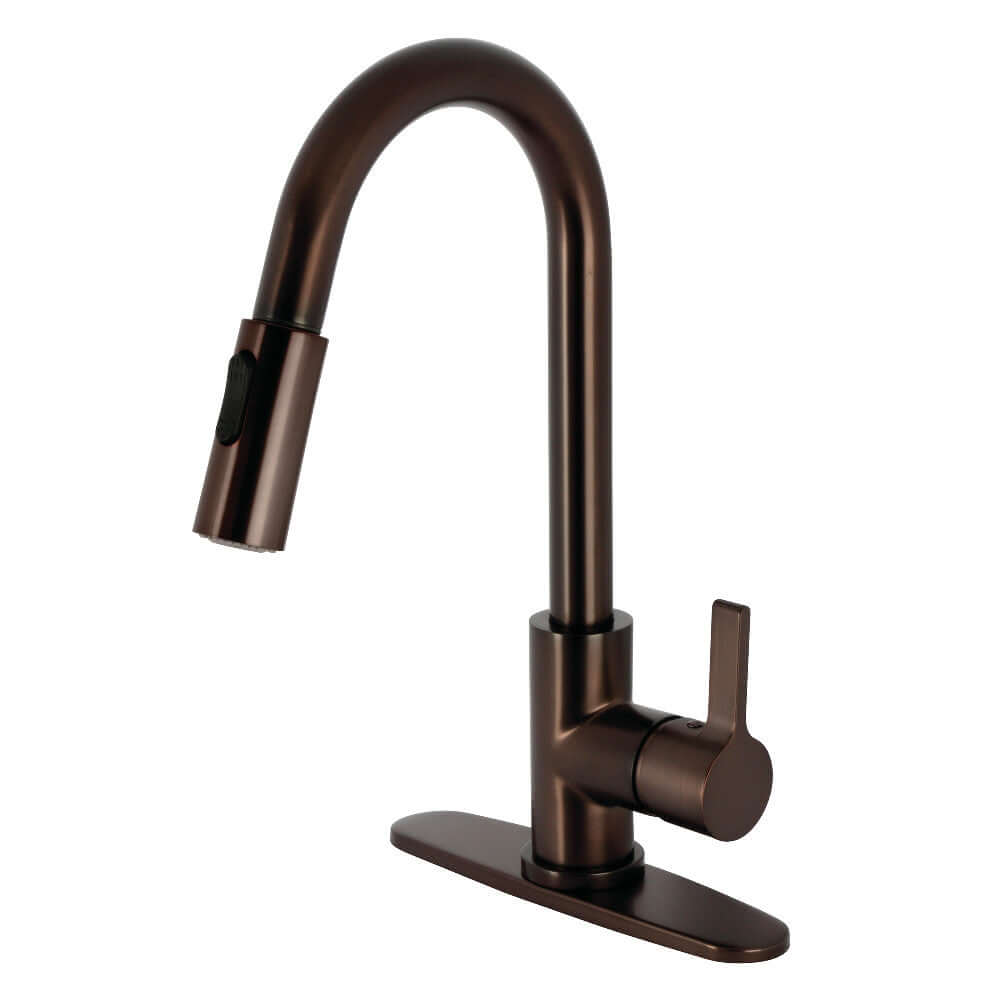 Kingston Brass LS8783CTL Continental Pull-Down Kitchen Faucet in oil rubbed bronze, showcasing modern high-arc design from a front angle.