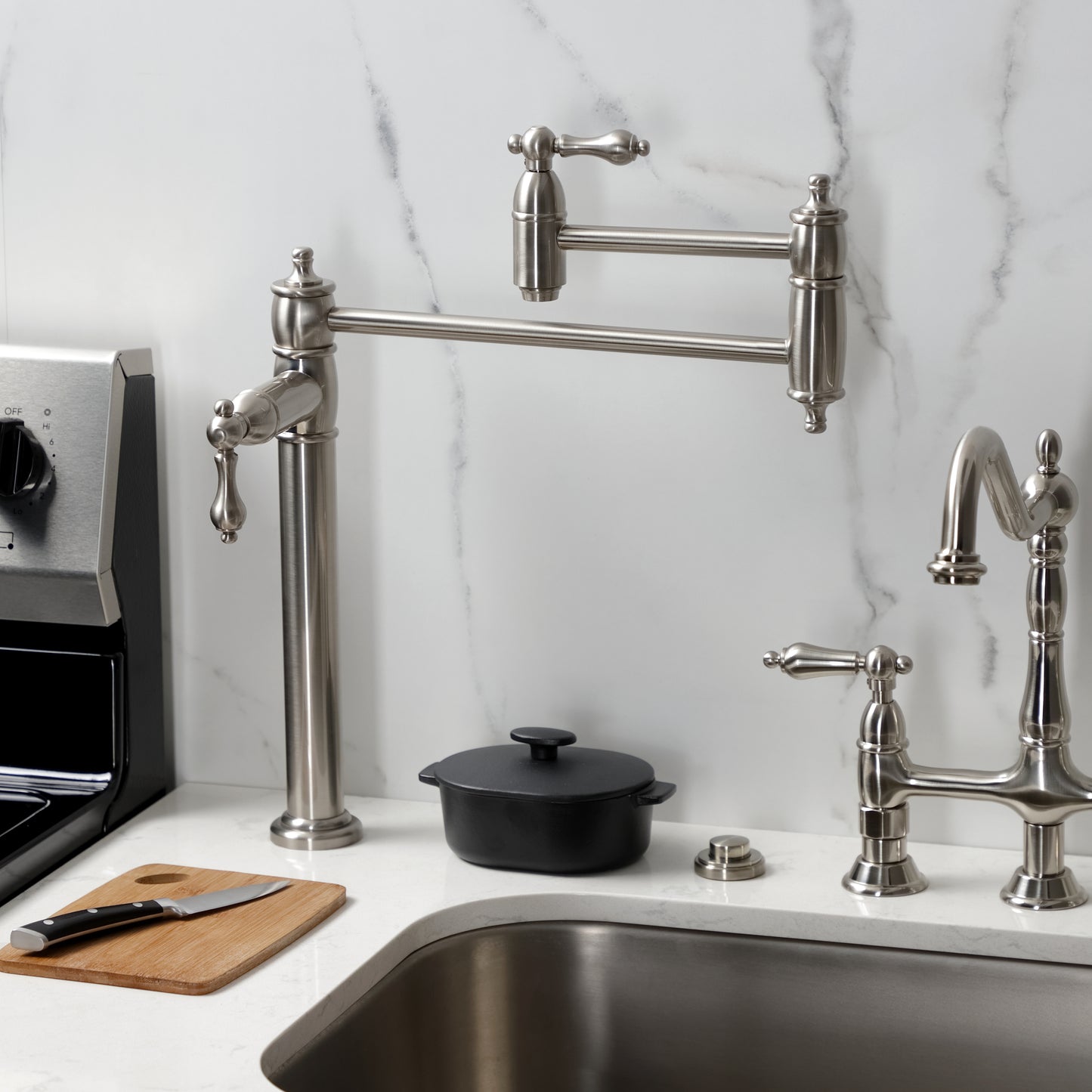 Kingston Brass KS3703AL Restoration Deck Mount Pot Filler Faucet, Antique Brass in modern kitchen setting
