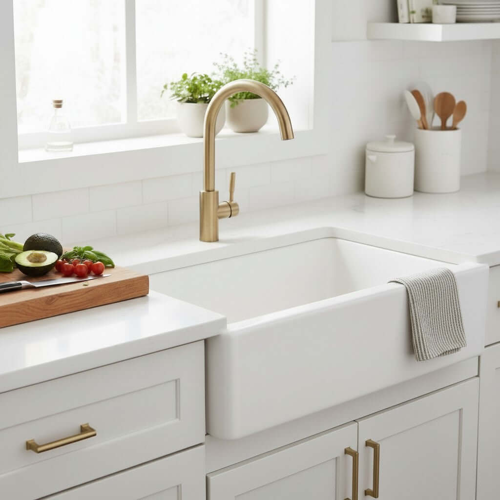 Franke Farm House 33 inch white fireclay farmhouse sink FHK710-33WH installed in a kitchen with a modern faucet