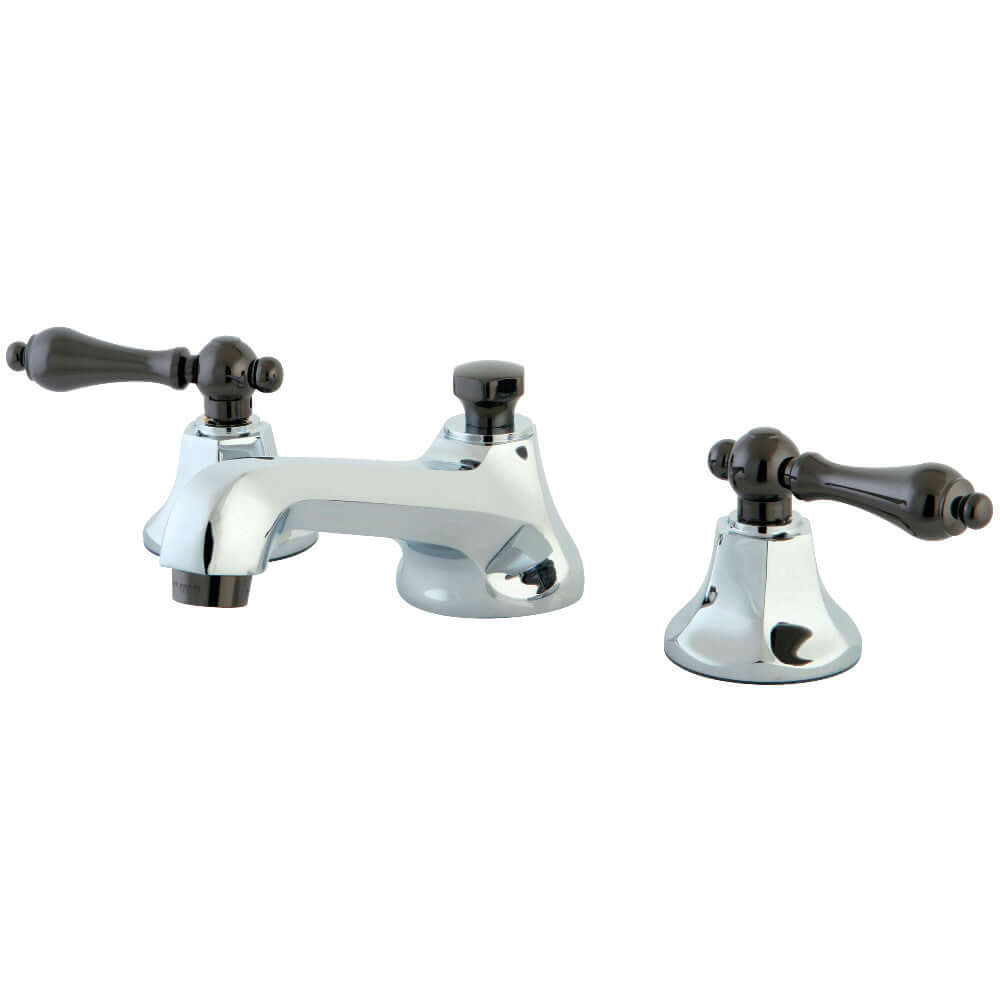 Kingston Brass NS4460AL Water Onyx Widespread Bathroom Faucet side view showcasing black lever handles and polished chrome finish.