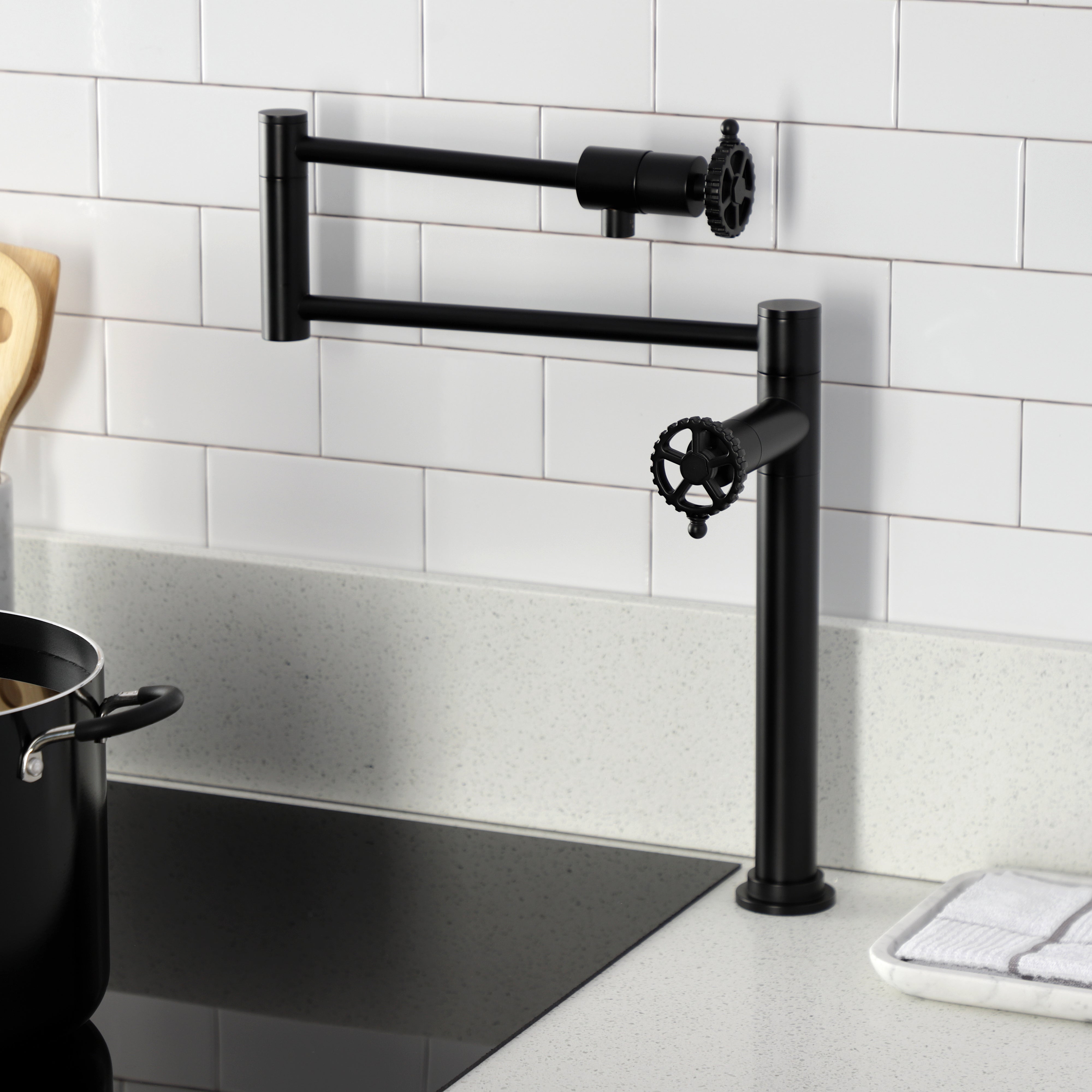 Kingston Brass KS4703CG Fuller Deck Mount Pot Filler Faucet, Antique Brass in modern kitchen setting
