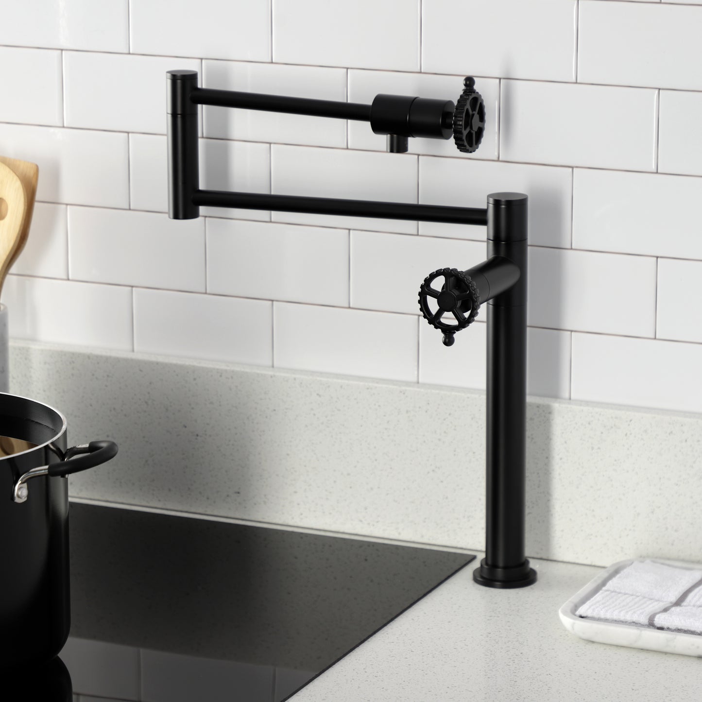 Kingston Brass KS4703CG Fuller Deck Mount Pot Filler Faucet, Antique Brass in modern kitchen setting