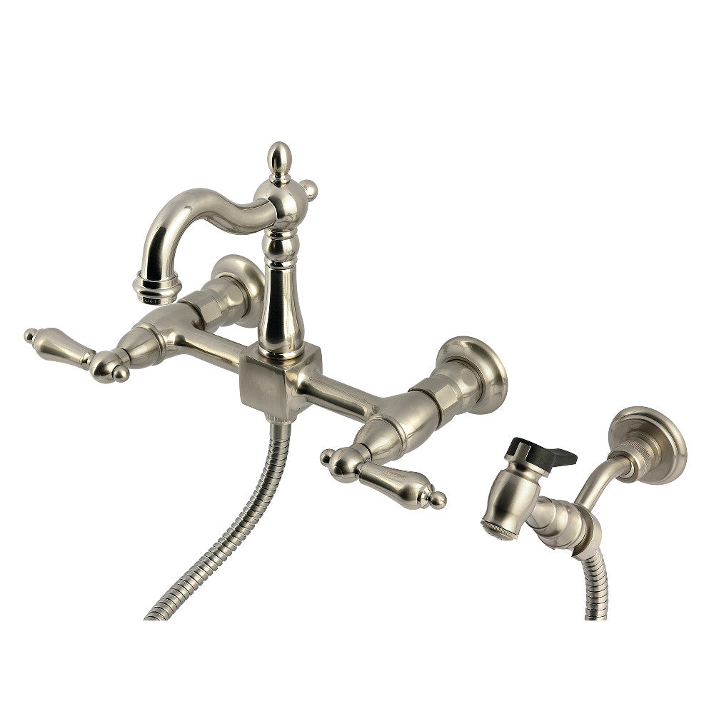 Kingston KS2443ALBS Heritage Two-Handle Wall Mount Bridge Kitchen Faucet with Brass Sprayer, Antique Brass