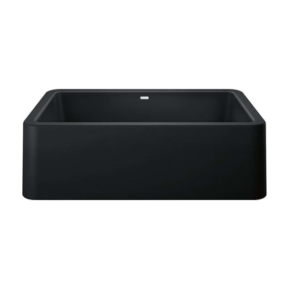 BLANCO Ikon SILGRANIT 33" Single Bowl Apron-Front Farmhouse Sink in a sleek black finish.