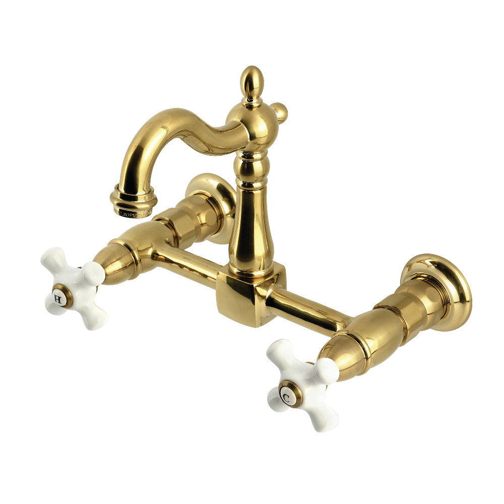 Kingston KS2443PX Heritage Two-Handle Wall Mount Bridge Kitchen Faucet, Antique Brass with porcelain cross handles