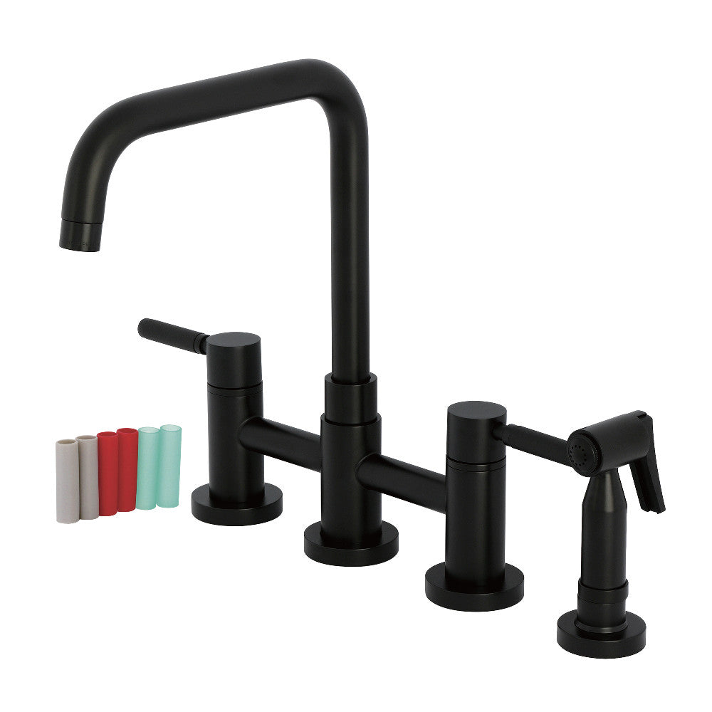 Kingston KS8287DKLBS Kaiser Bridge Kitchen Faucet with Brass Sprayer, Brushed Brass and Matte Black finish.