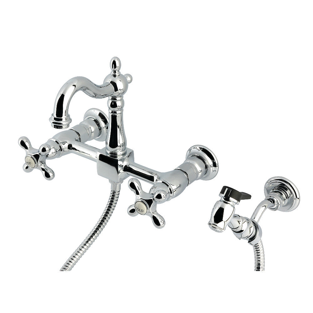 Kingston KS2443AXBS Heritage Two-Handle Wall Mount Bridge Kitchen Faucet with Brass Sprayer, Antique Brass