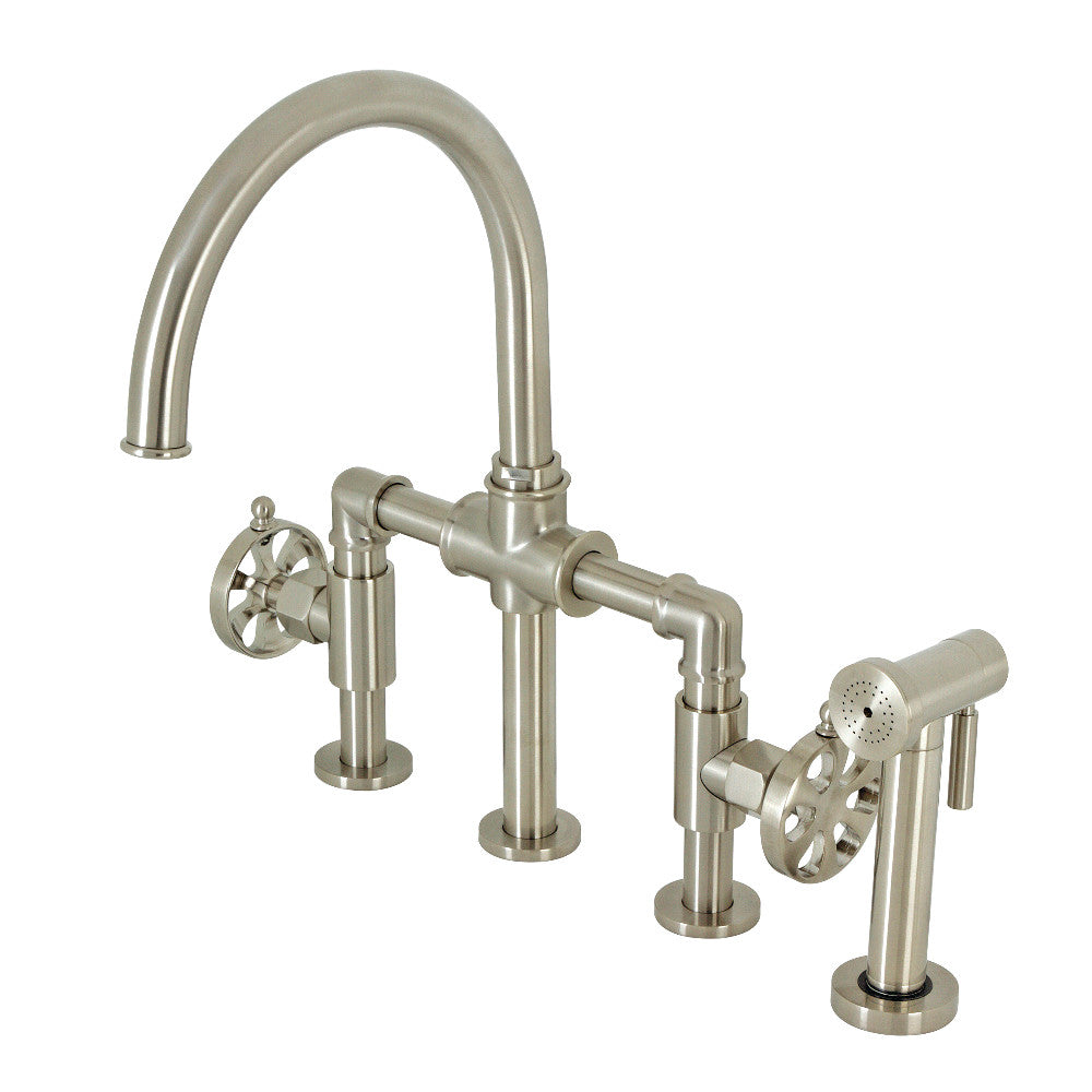 Kingston KS2333RX Belknap Industrial Style Bridge Kitchen Faucet with Brass Sprayer, Antique Brass, brushed nickel finish