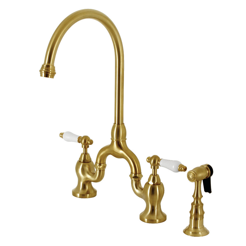 Kingston KS7793PLBS English Country Bridge Kitchen Faucet with Brass Sprayer, Antique Brass design and sleek brushed brass finish