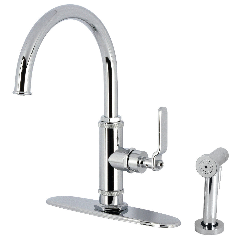 Kingston Brass KS2433KL Whitaker Single-Handle Kitchen Faucet with Brass Side Sprayer, Antique Brass in polished chrome finish.