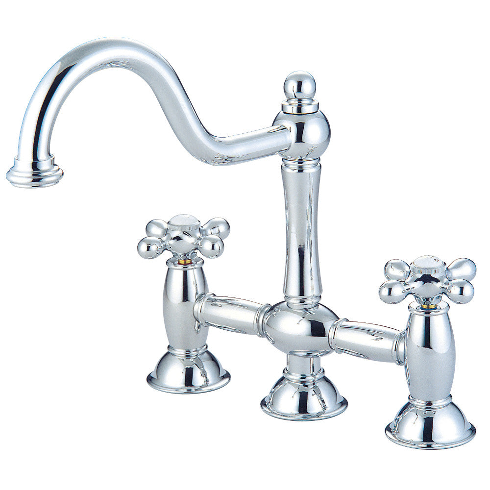 Kingston KS3788AX Restoration Bridge Kitchen Faucet, Brushed Nickel with classic design and polished chrome finish.