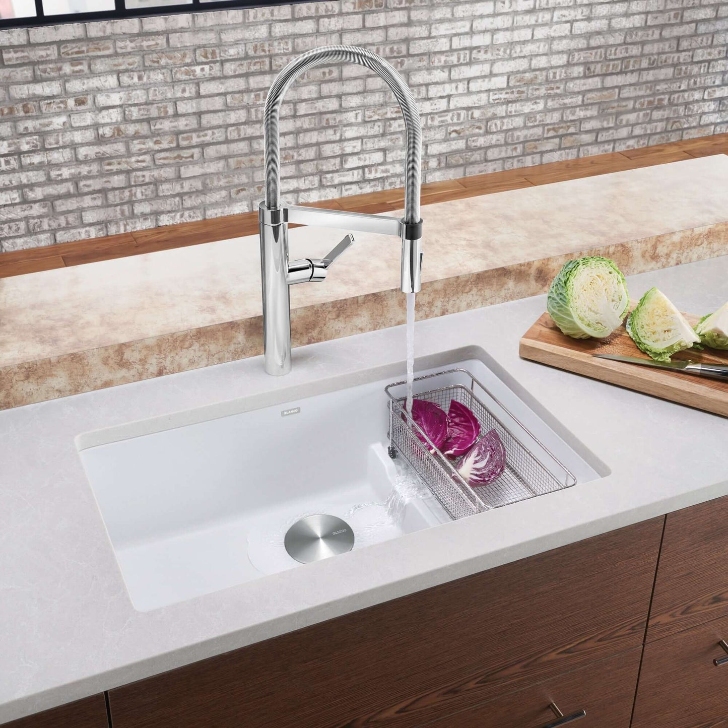 BLANCO Precis Cascade SILGRANIT 29" Single Bowl Undermount Kitchen Sink with Colander featuring a sleek design and dual-level basin.