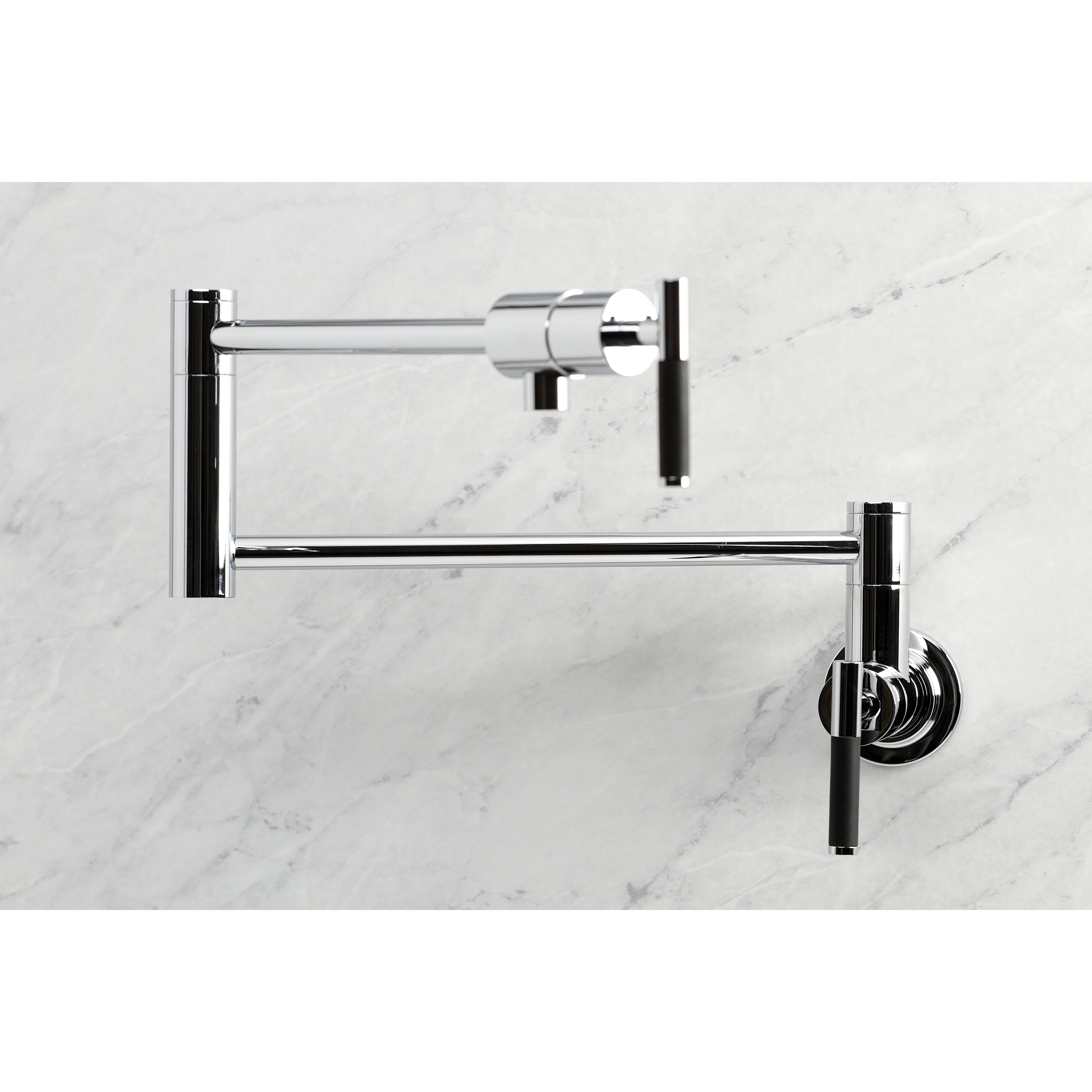 Kingston Brass KS4103CKL Kaiser Wall Mount Pot Filler Faucet, Antique Brass wall mount with ergonomic black handles.