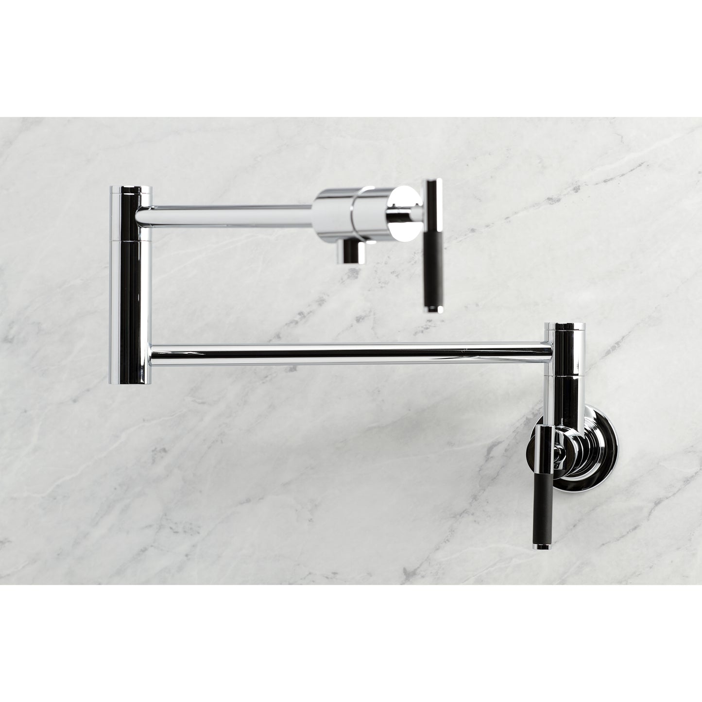 Kingston Brass KS4103CKL Kaiser Wall Mount Pot Filler Faucet, Antique Brass wall mount with ergonomic black handles.