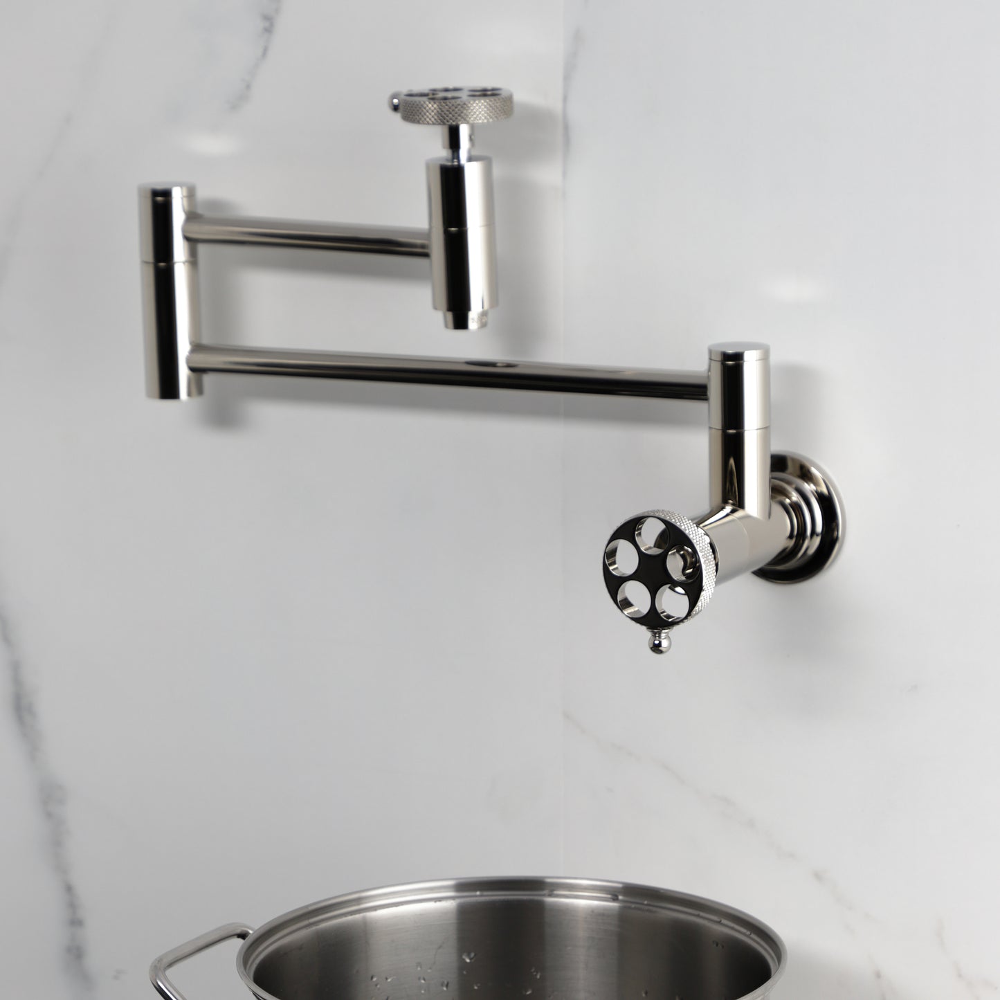 Kingston Brass KS8103RKX Webb Wall Mount Pot Filler Faucet with Knurled Handle, Antique Brass
